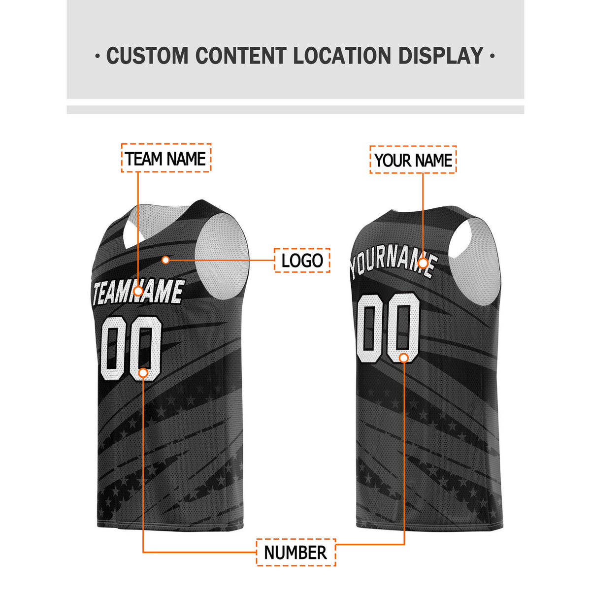 Custom Multi-Gray & Black Star-Stripe Pattern Basketball Jersey - Personalized Team Name, Number & LOGO | Vosoli