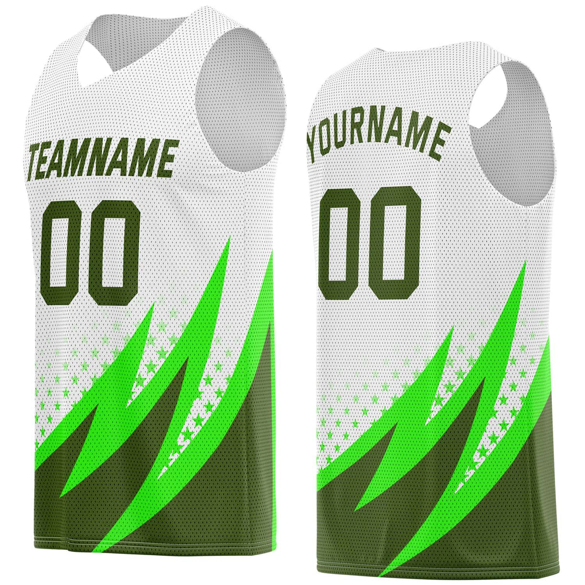 Custom Multi-Green &amp; White Lightning-Star Pattern Basketball Jersey - Personalized Team Name, Number &amp; LOGO | Vosoli