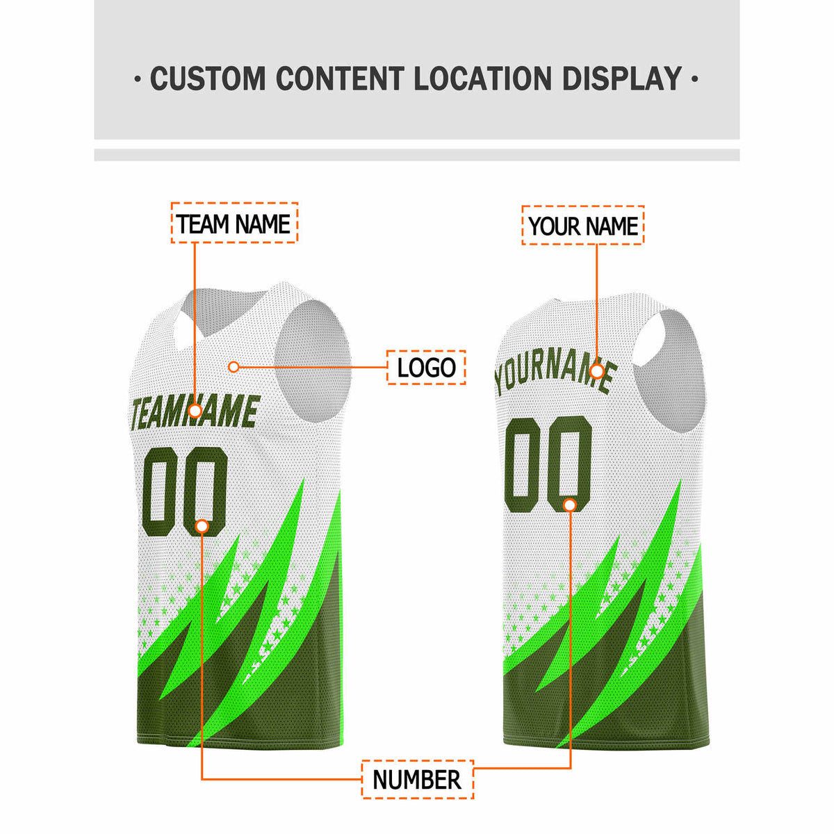 Custom Multi-Green & White Lightning-Star Pattern Basketball Jersey - Personalized Team Name, Number & LOGO | Vosoli