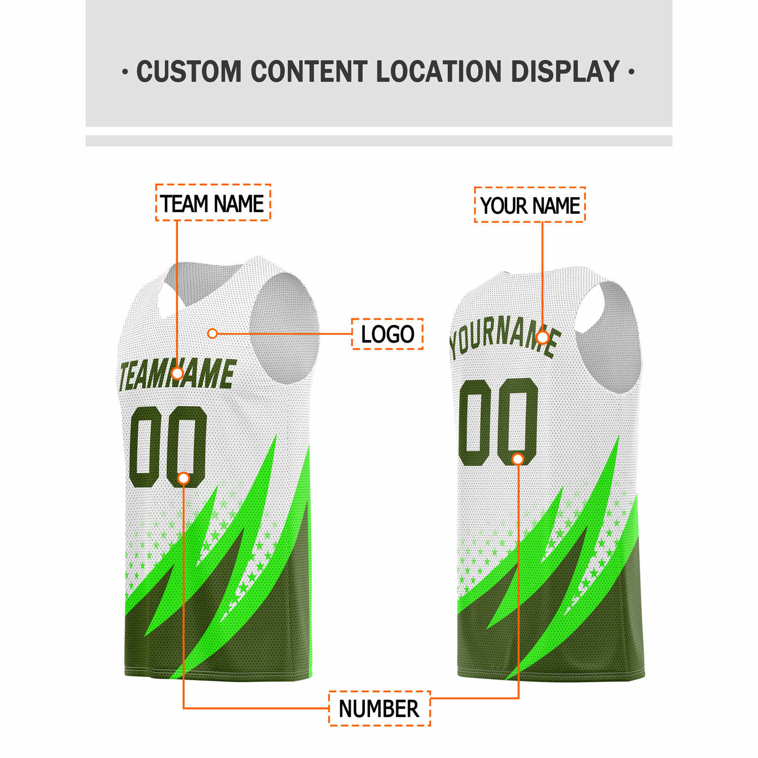 Custom Multi-Green & White Lightning-Star Pattern Basketball Jersey - Personalized Team Name, Number & LOGO | Vosoli