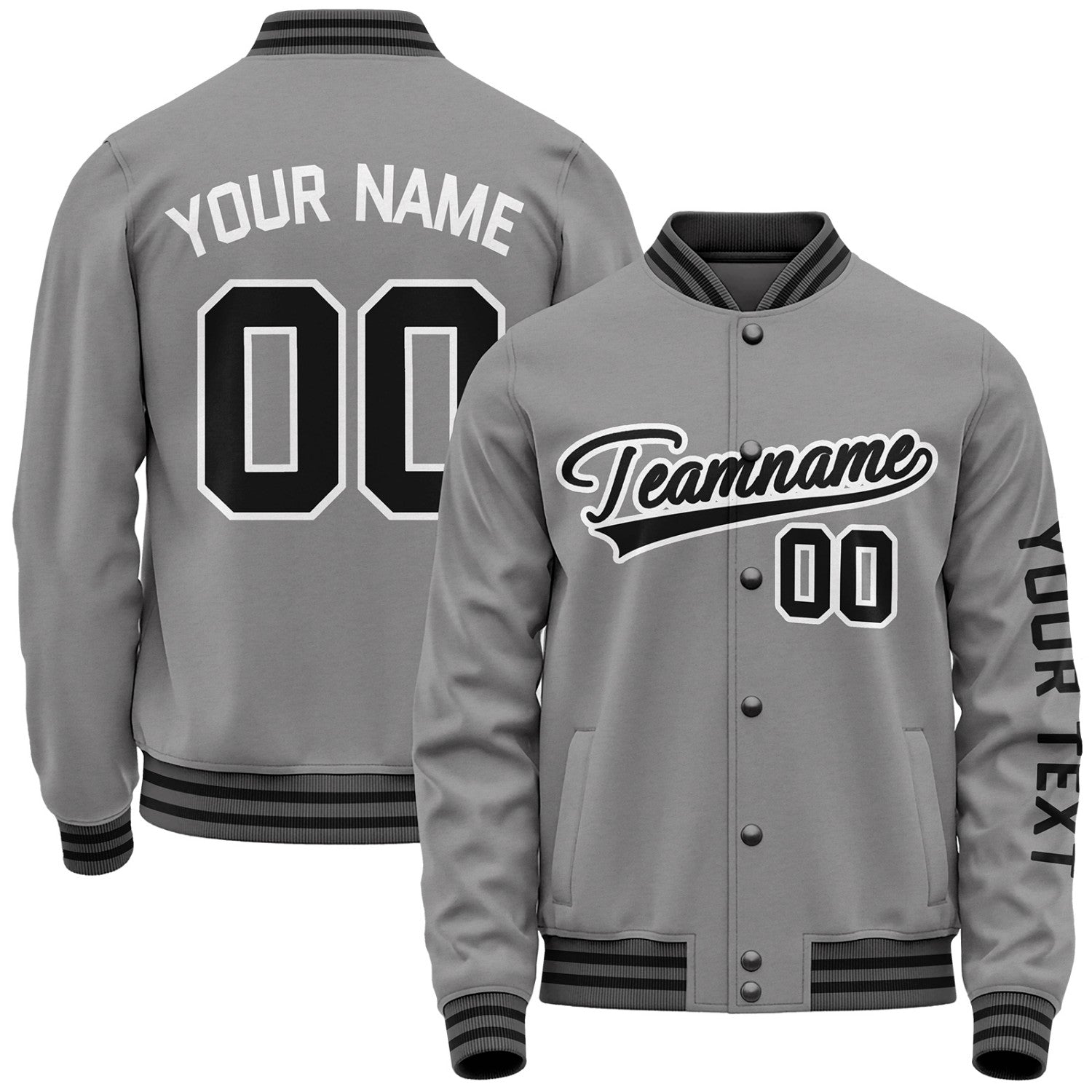 Custom Grey Black Jacket Personalized Team Name Number Letterman Bomber for Adult & Youth