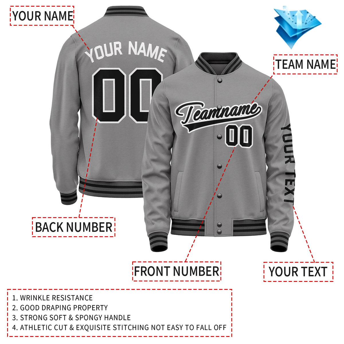 Custom Grey Black Jacket Personalized Team Name Number Letterman Bomber for Adult & Youth