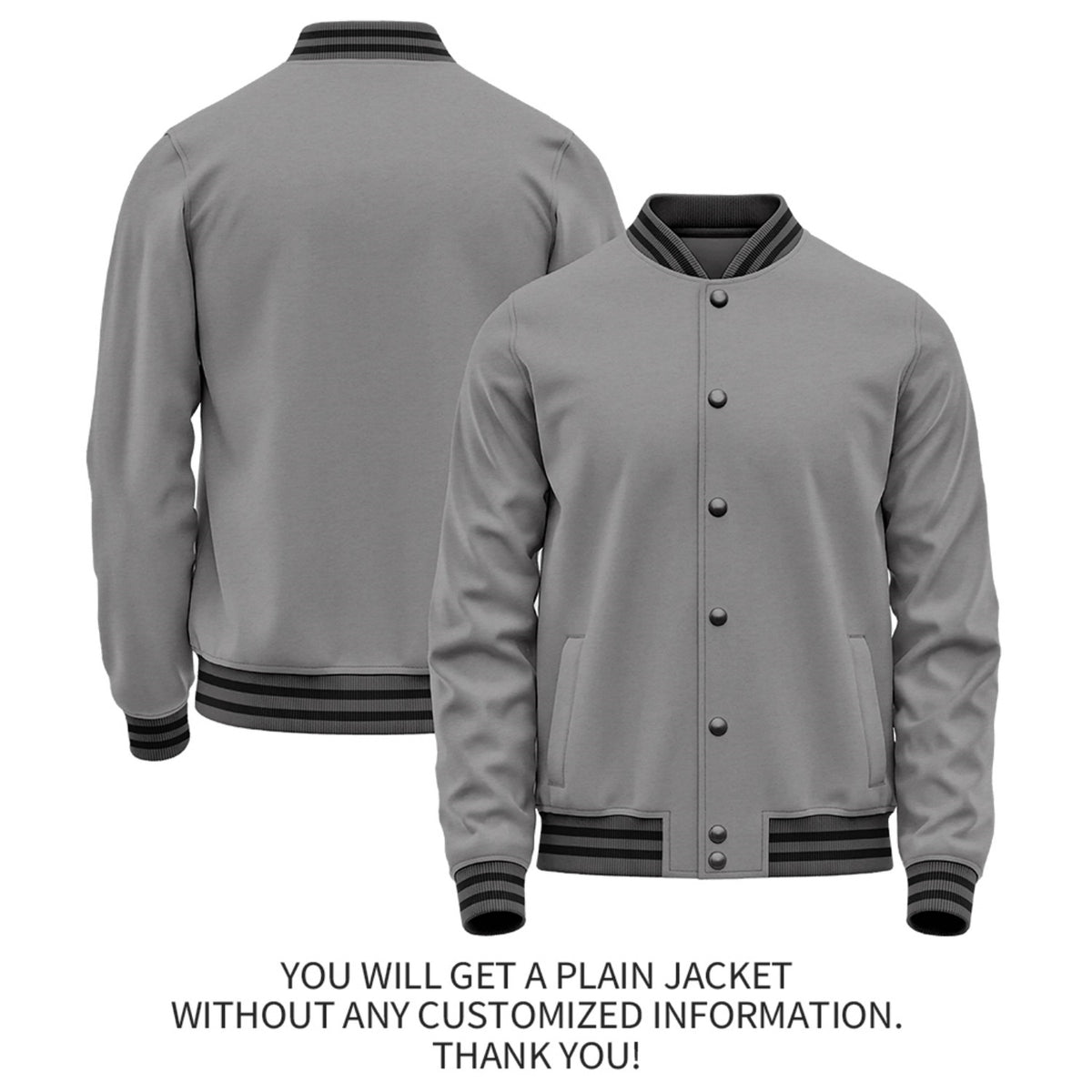 Custom Grey Black Jacket Personalized Team Name Number Letterman Bomber for Adult & Youth