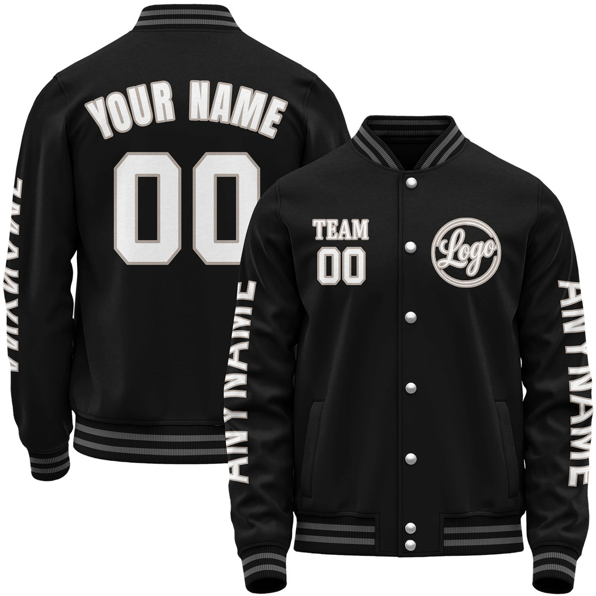 High school baseball jackets, black varsity bomber jacket, personalized stitched or sublimated name, number, sleeve text and custom logo.