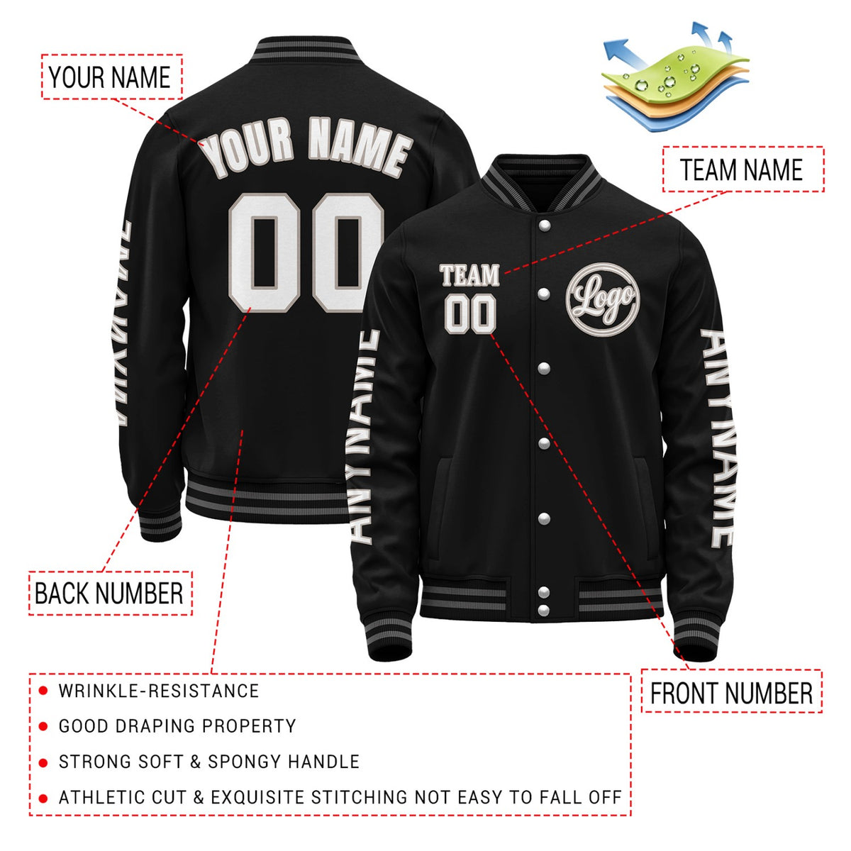 Custom Black Solid Varsity Jacket | Personalized Letterman Bomber with Sleeve Text & Logo