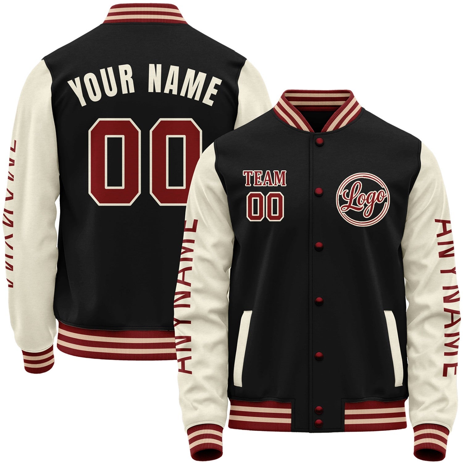 High school baseball varsity jacket, black and cream varsity bomber jacket, personalized stitched or sublimated name, number, sleeve text and custom team logo.