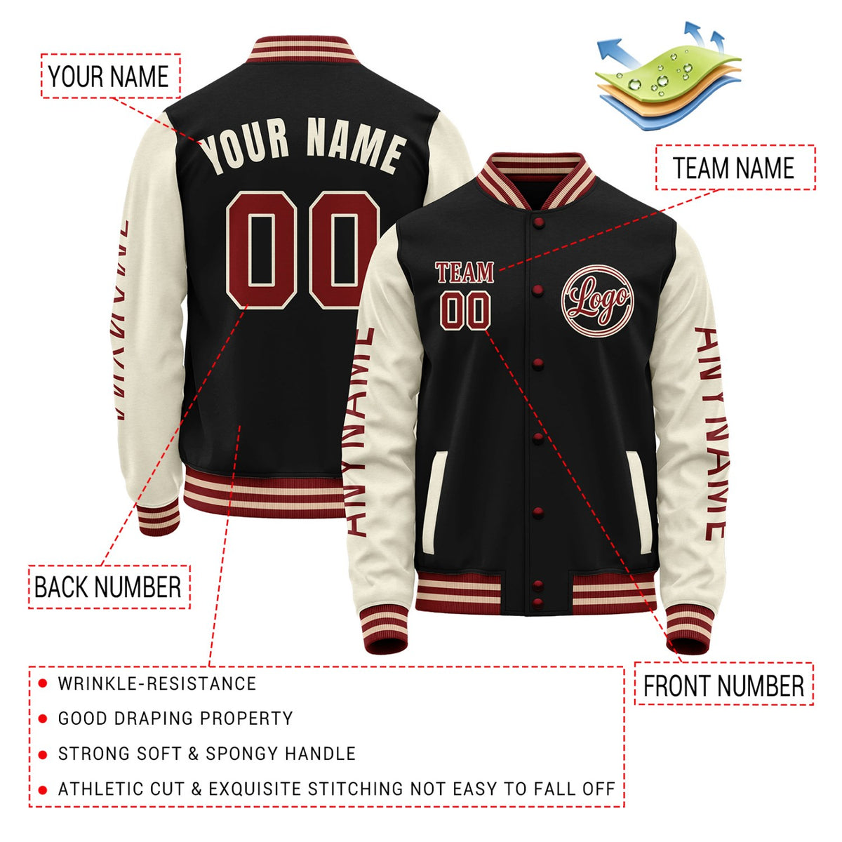 Custom Black & Cream Color Block Varsity Jacket | Personalized Letterman Bomber with Sleeve Text & Logo