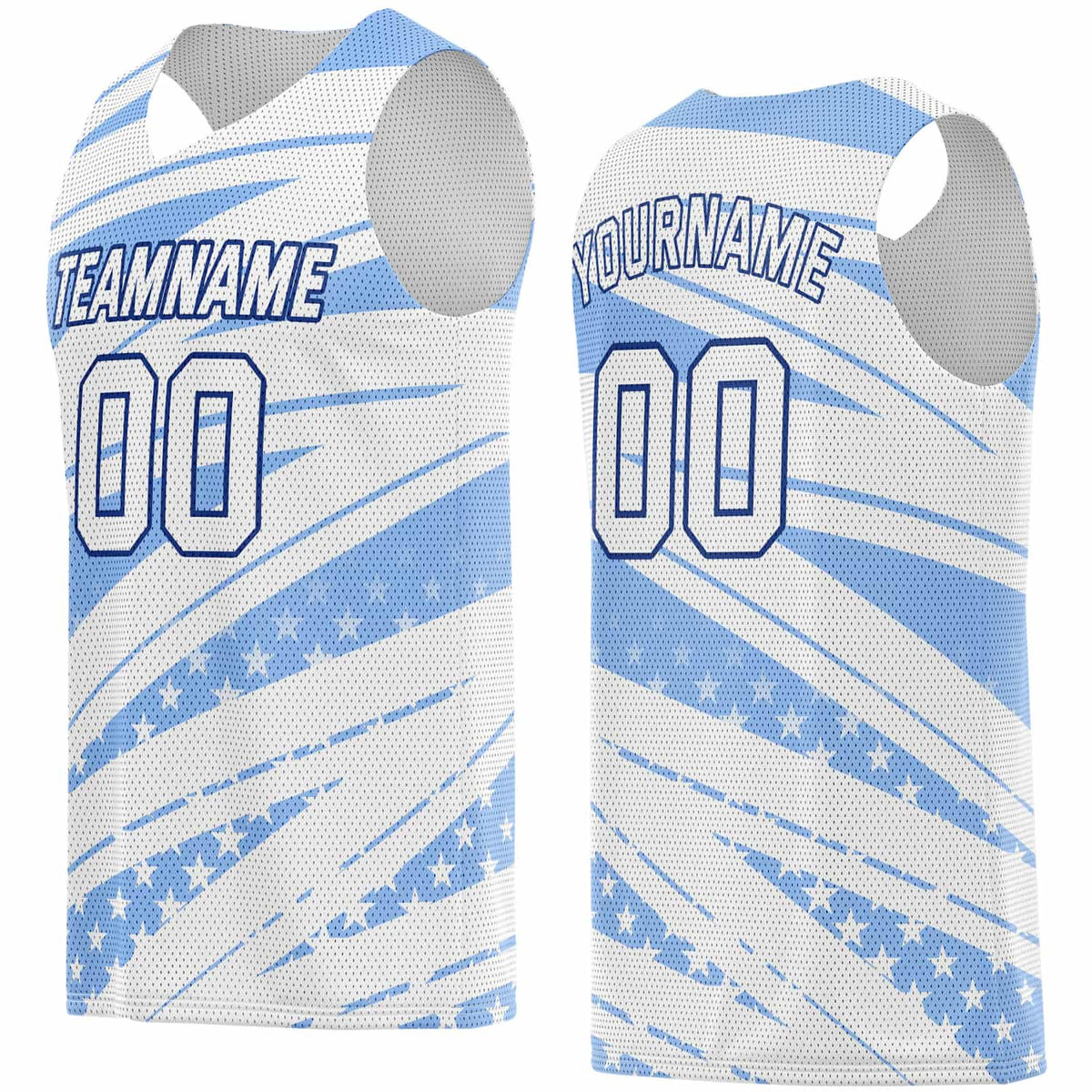 Custom Light Blue &amp; White Star-Stripe Pattern Basketball Jersey - Personalized Team Name, Number &amp; LOGO | Vosoli