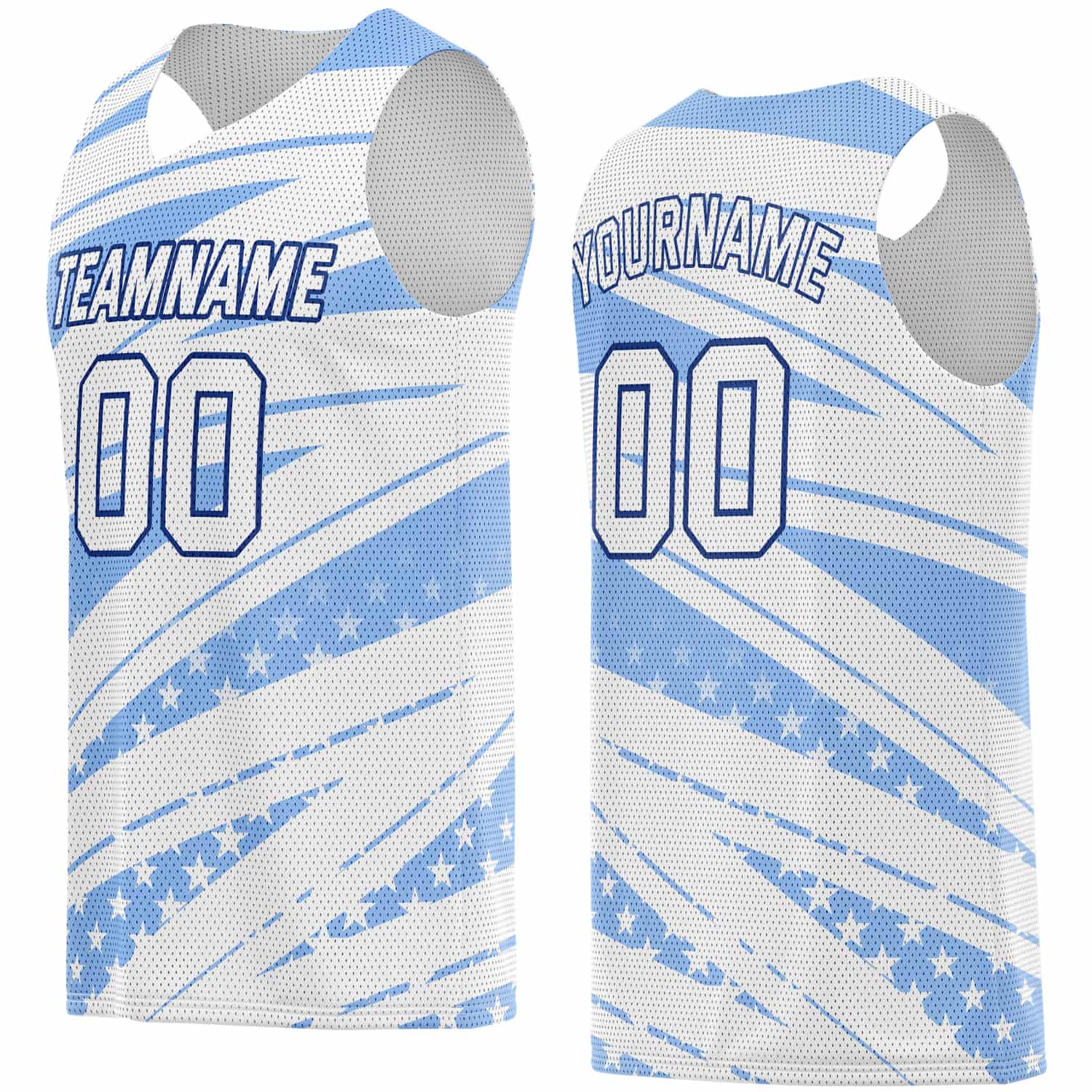 Custom Light Blue & White Star-Stripe Pattern Basketball Jersey - Personalized Team Name, Number & LOGO | Vosoli