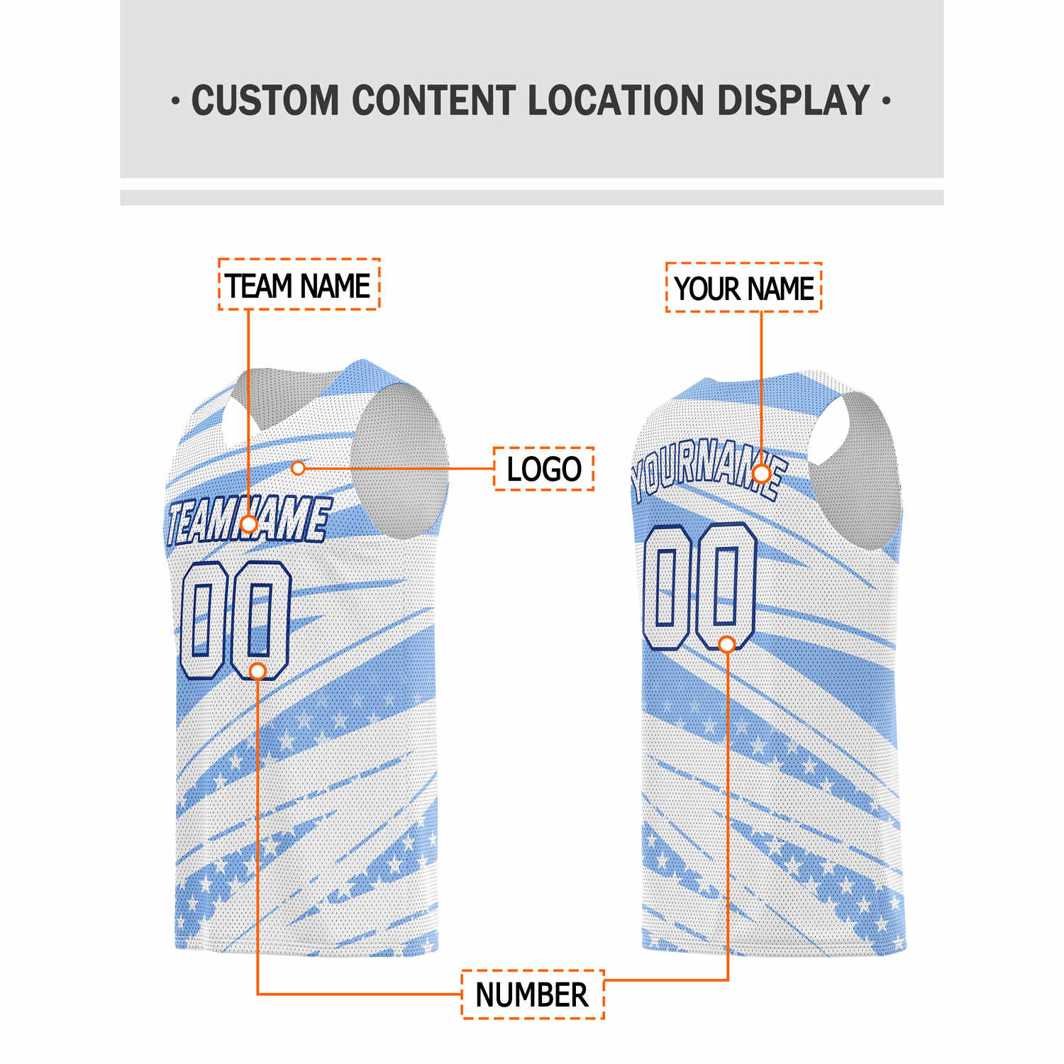 Custom Light Blue & White Star-Stripe Pattern Basketball Jersey - Personalized Team Name, Number & LOGO | Vosoli