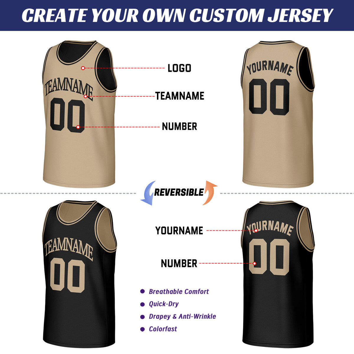 Custom Khaki & Black Reversible Basketball Jersey | Personalized Sleeveless Mesh Jersey for Adult Youth
