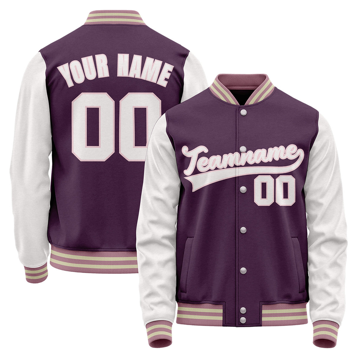 Low MOQ custom baseball jackets, dark purple and white varsity bomber jacket, personalized team name, player number and custom logo.