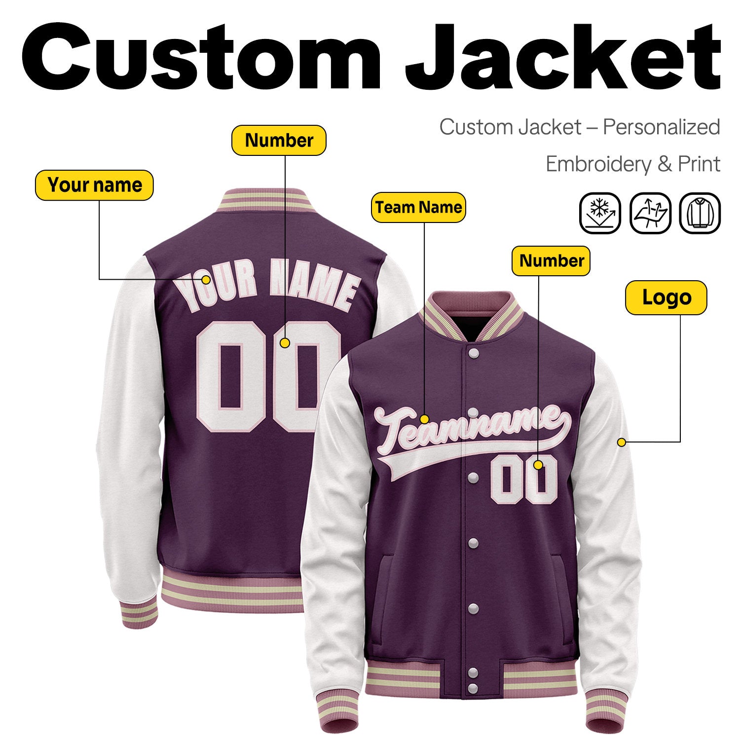 Custom Dark Purple & White Two-Tone Varsity Jacket | Personalized Baseball Bomber with Name, Number & Logo