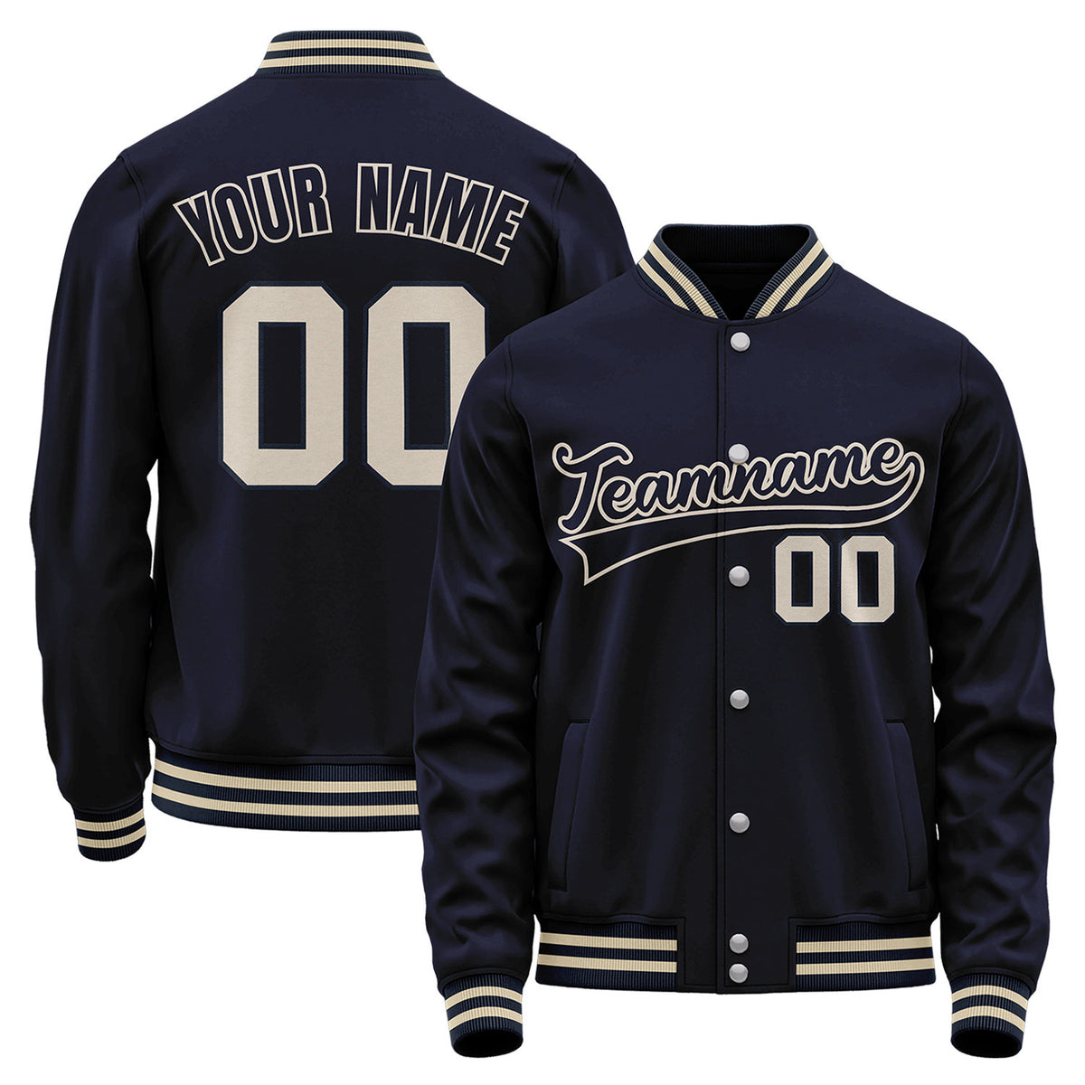 Low MOQ custom baseball jackets, navy and cream varsity bomber jacket, personalized team name, player number and custom logo.
