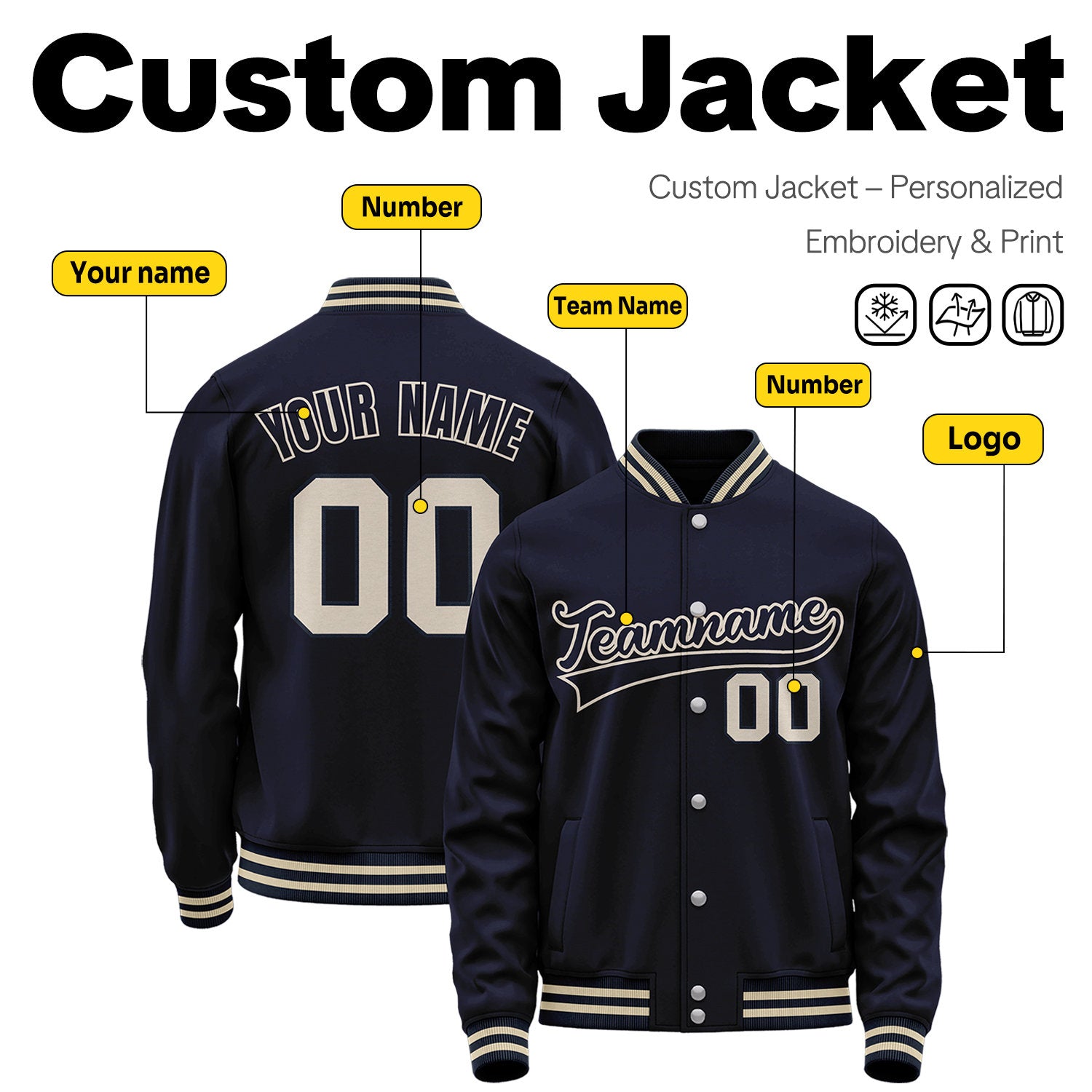 Custom Navy Varsity Jacket | Personalized Baseball Bomber with Name, Number & Logo