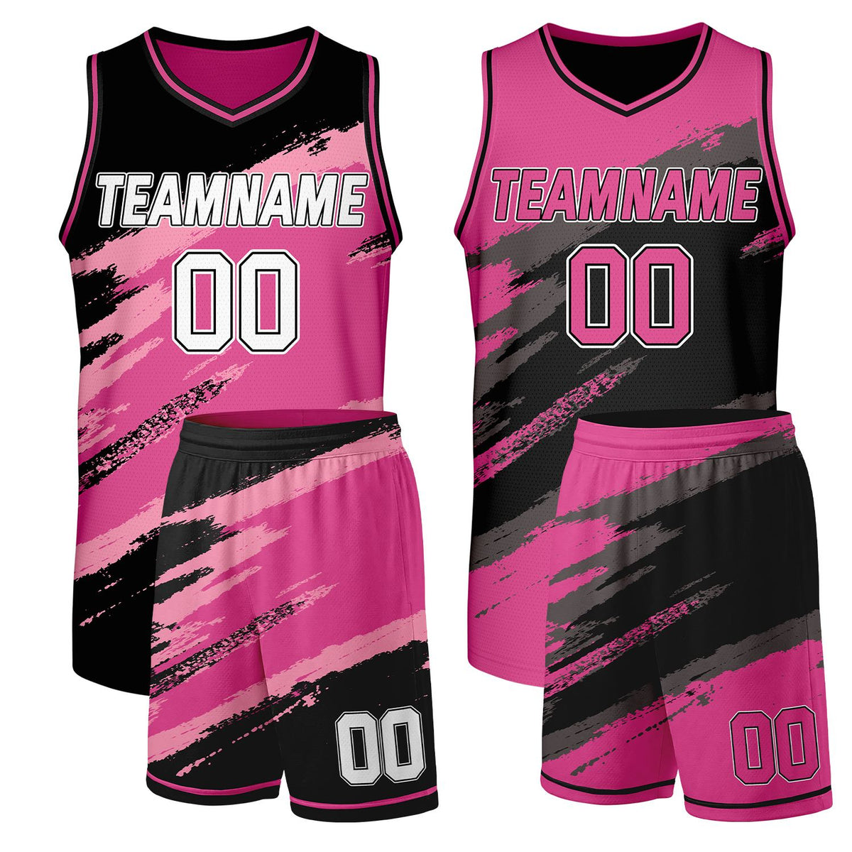 Low MOQ custom basketball uniforms black and pink reversible by Vosoli, personalized team name, number & logo, breathable dual-sided mesh for team basketball games