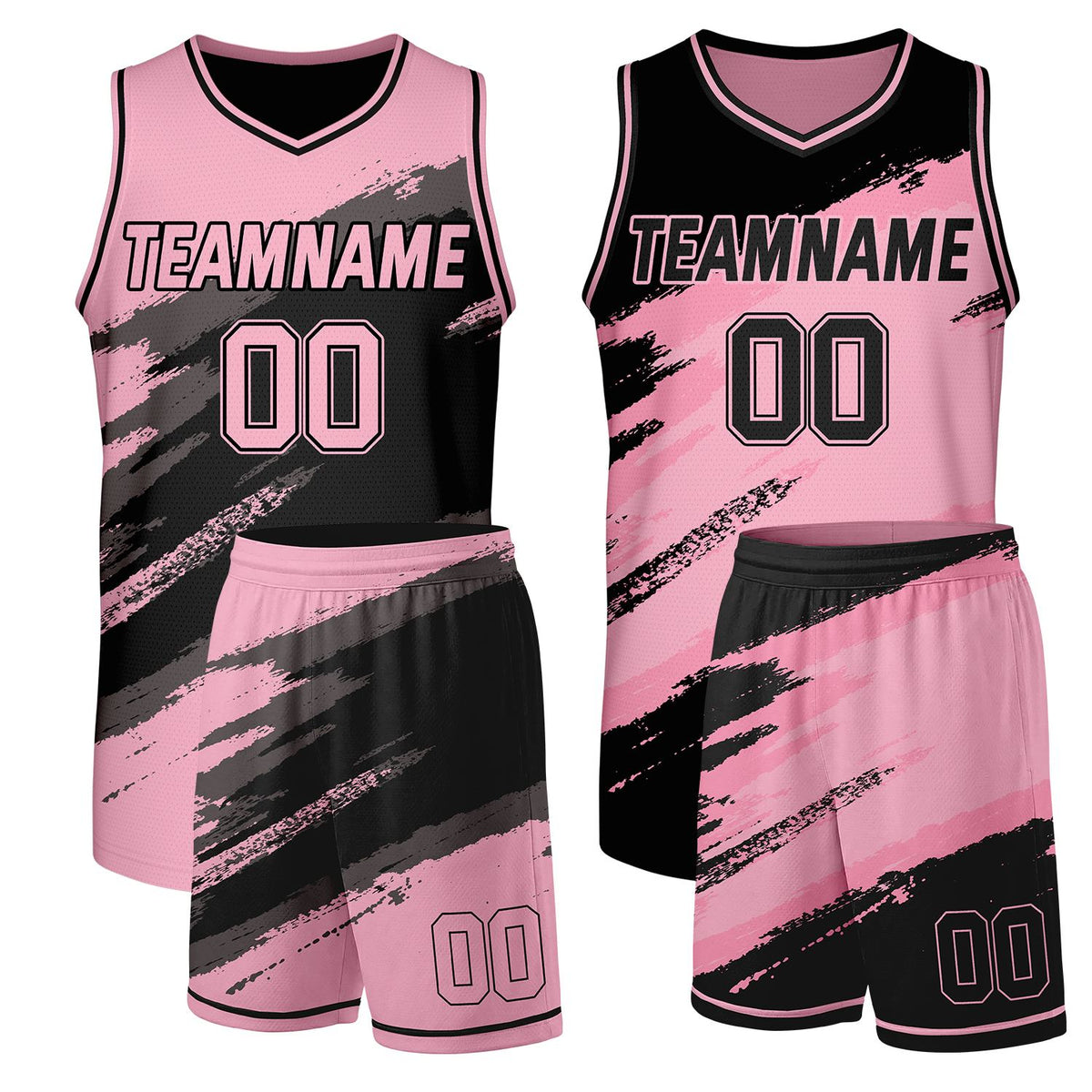 Low MOQ custom basketball uniforms pink and black reversible by Vosoli, personalized team name, number & logo, breathable dual-sided mesh for team basketball games