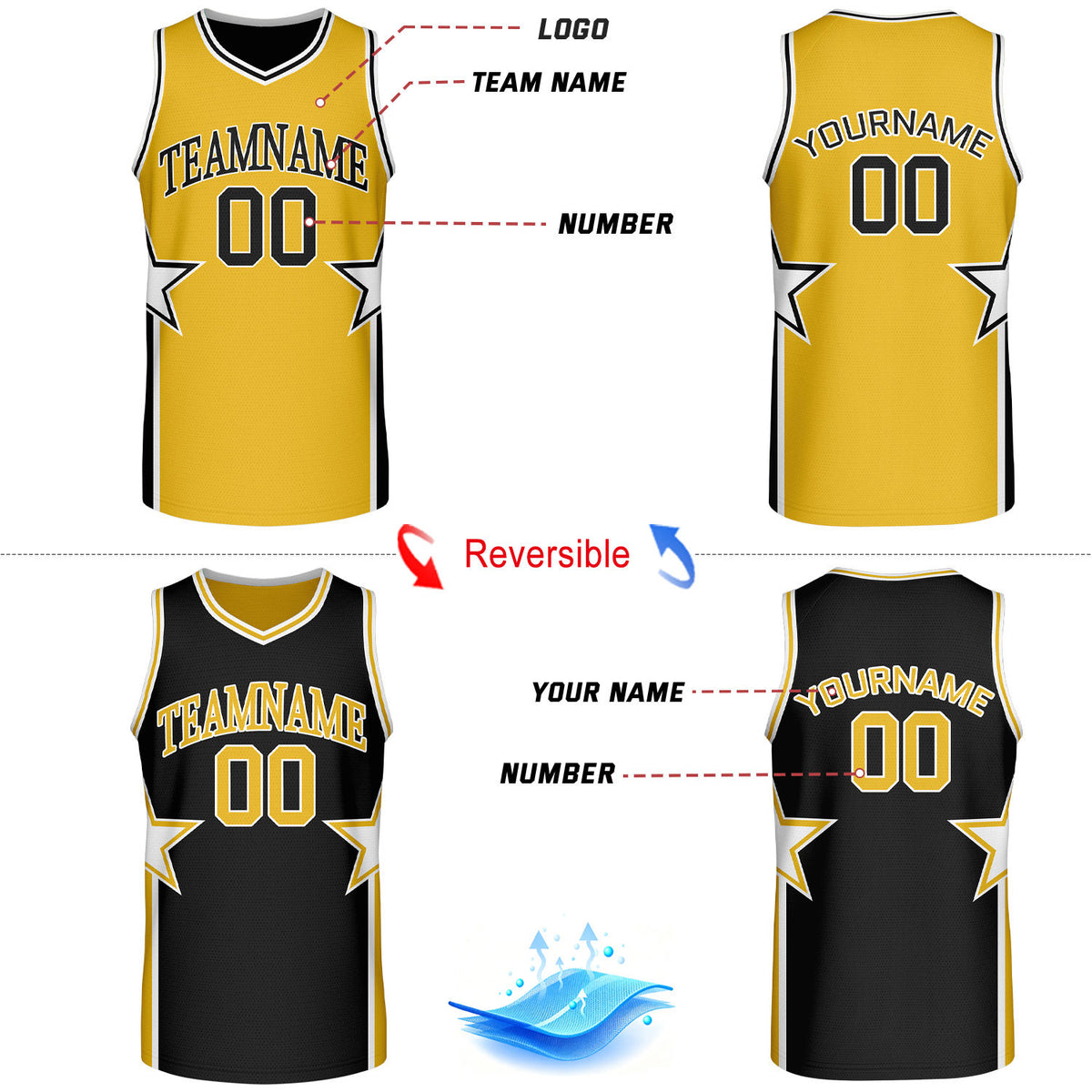 Custom Yellow & Black Star Graphic Reversible Basketball Uniform Set | Breathable Mesh Jersey & Shorts for Team Sports
