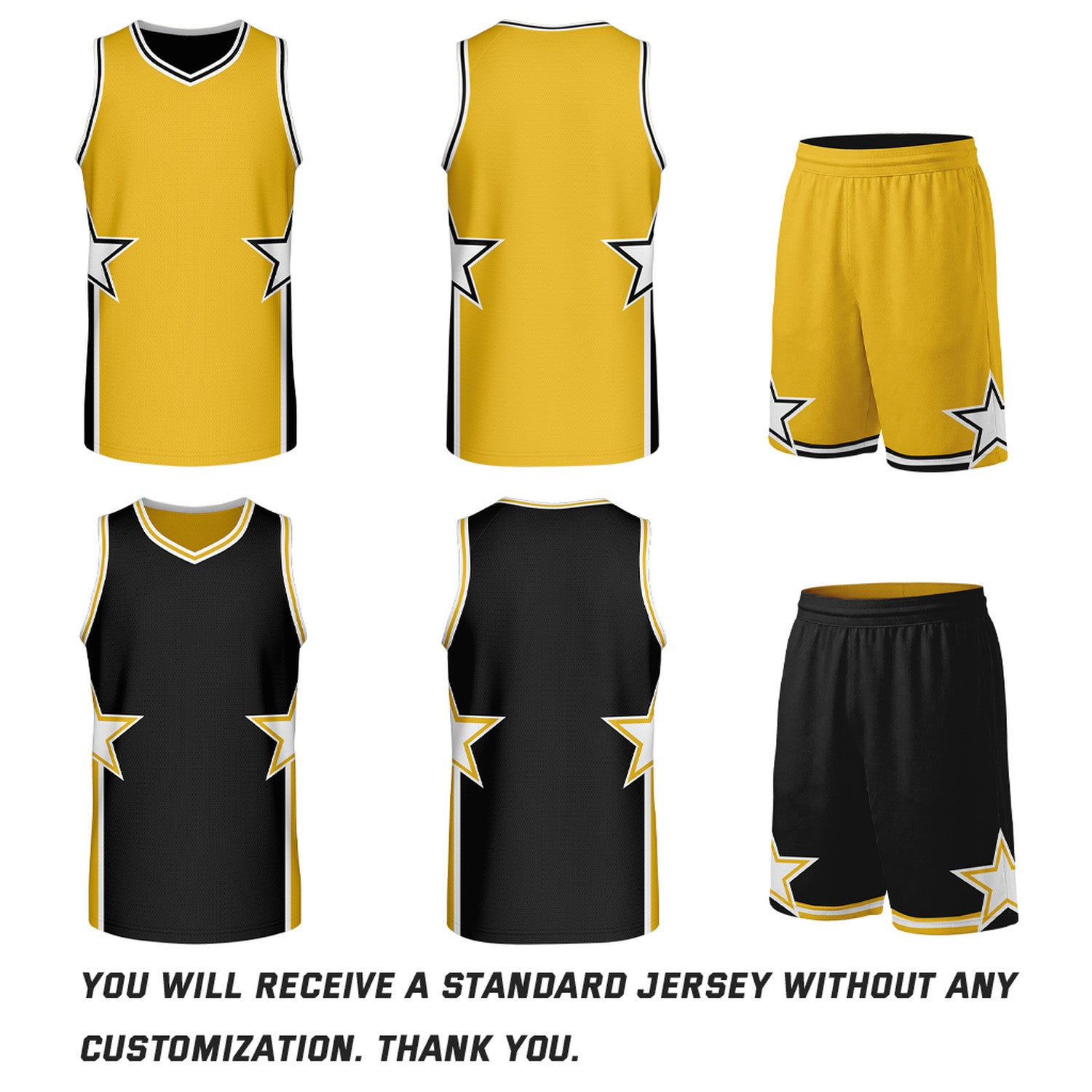 Custom Yellow & Black Star Graphic Reversible Basketball Uniform Set | Breathable Mesh Jersey & Shorts for Team Sports
