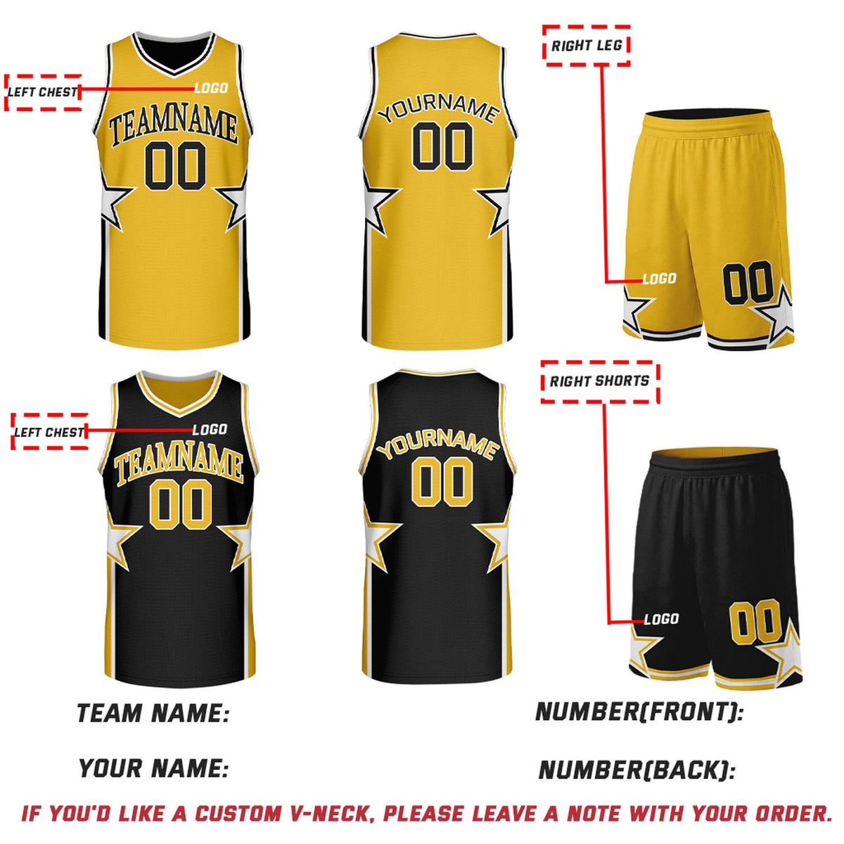 Custom Yellow & Black Star Graphic Reversible Basketball Uniform Set | Breathable Mesh Jersey & Shorts for Team Sports