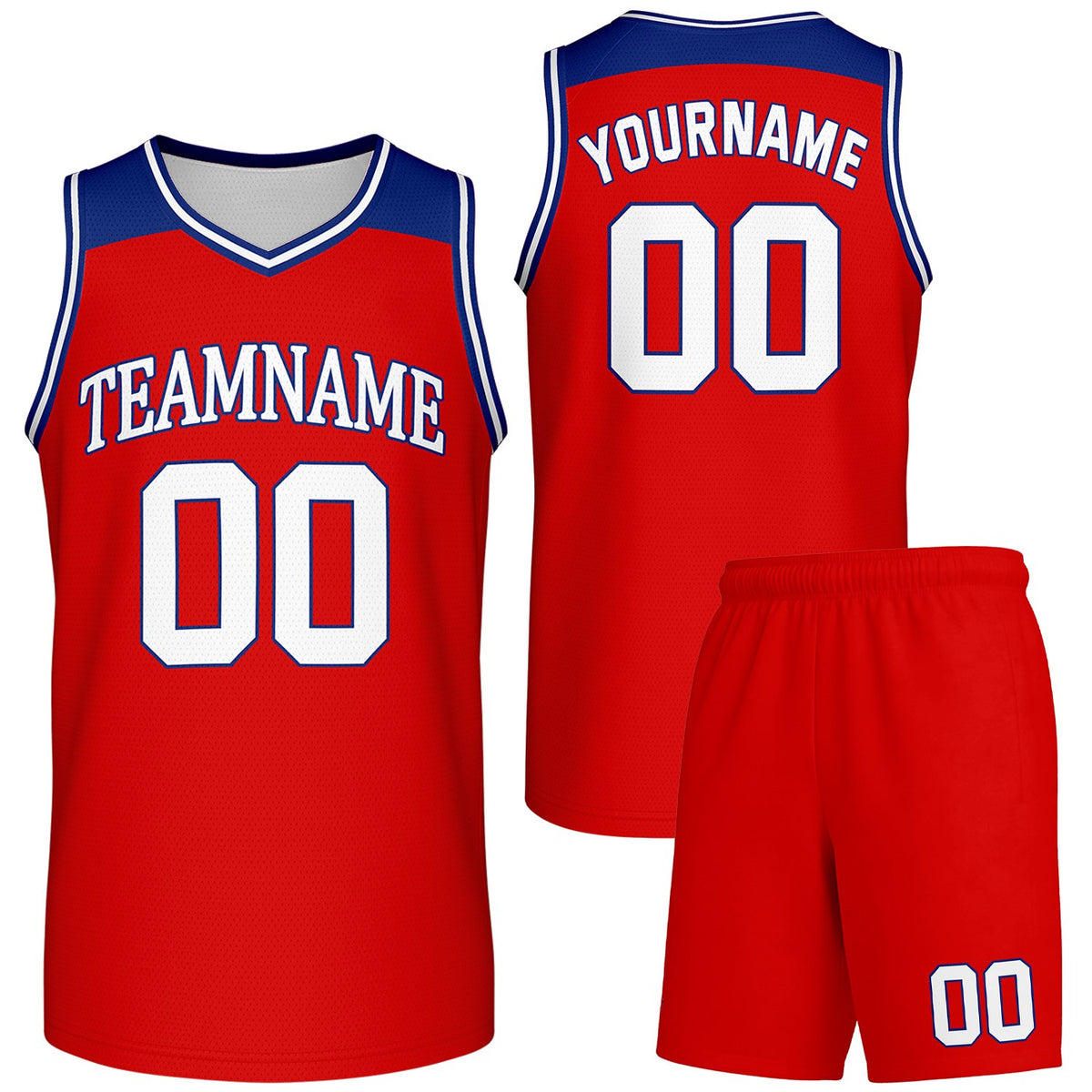 Low MOQ custom basketball uniforms red‑blue by Vosoli, personalized team name, number & logo, breathable mesh fabric for small‑batch team orders and match‑ready sportswear