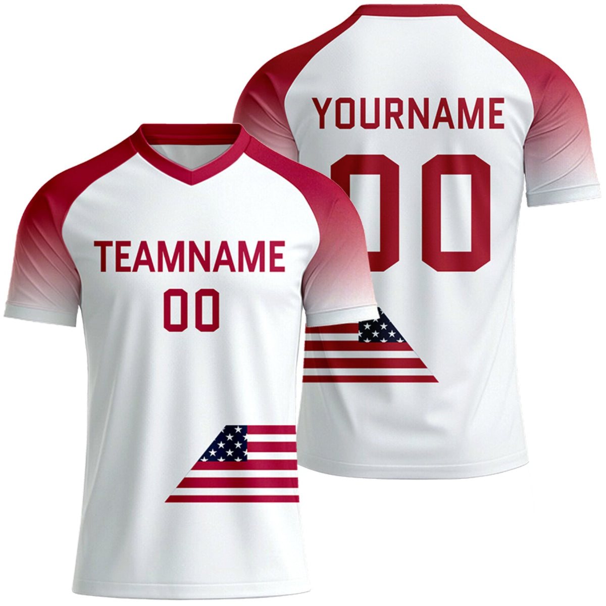 make your own white red gradient soccer jersey by Vosoli, personalized team name, player name &amp; number, breathable short sleeve V-neck soccer uniform for team matches