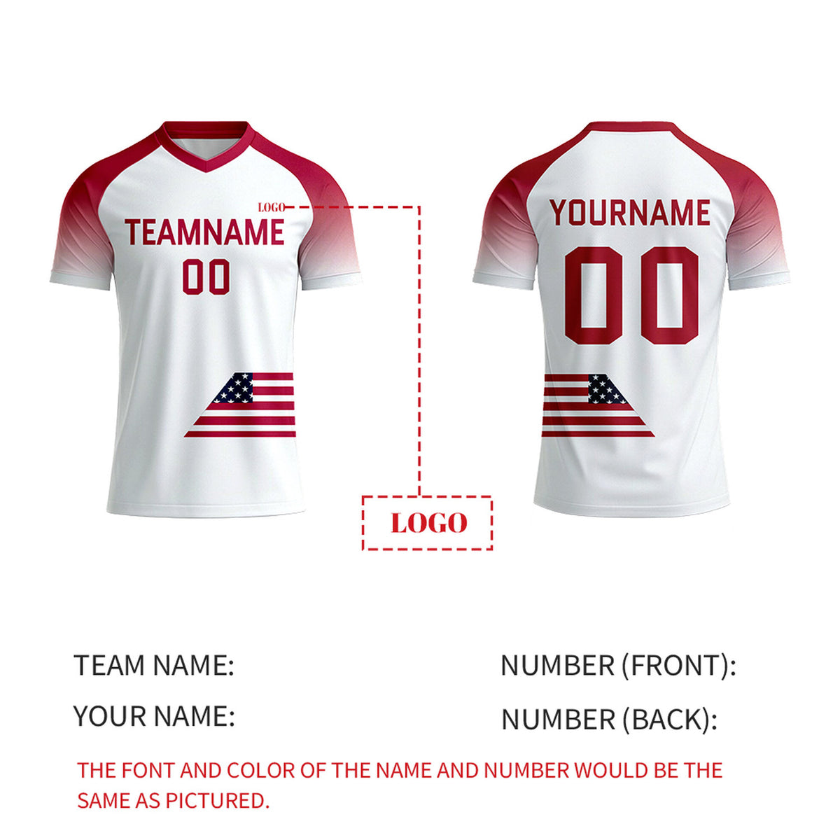 Custom White & Red Gradient Soccer Jersey | Personalized Short Sleeve V-Neck Jersey for Youth & Adult