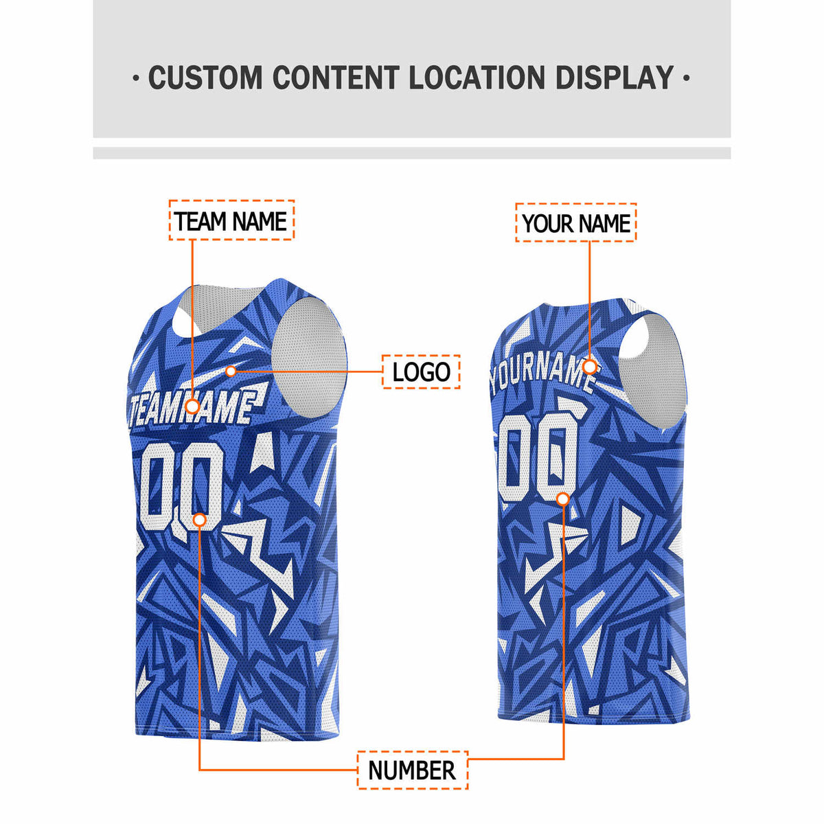 Custom Multi-Blue & White Geo Pattern Basketball Jersey - Personalized Team Name, Number & LOGO | Vosoli