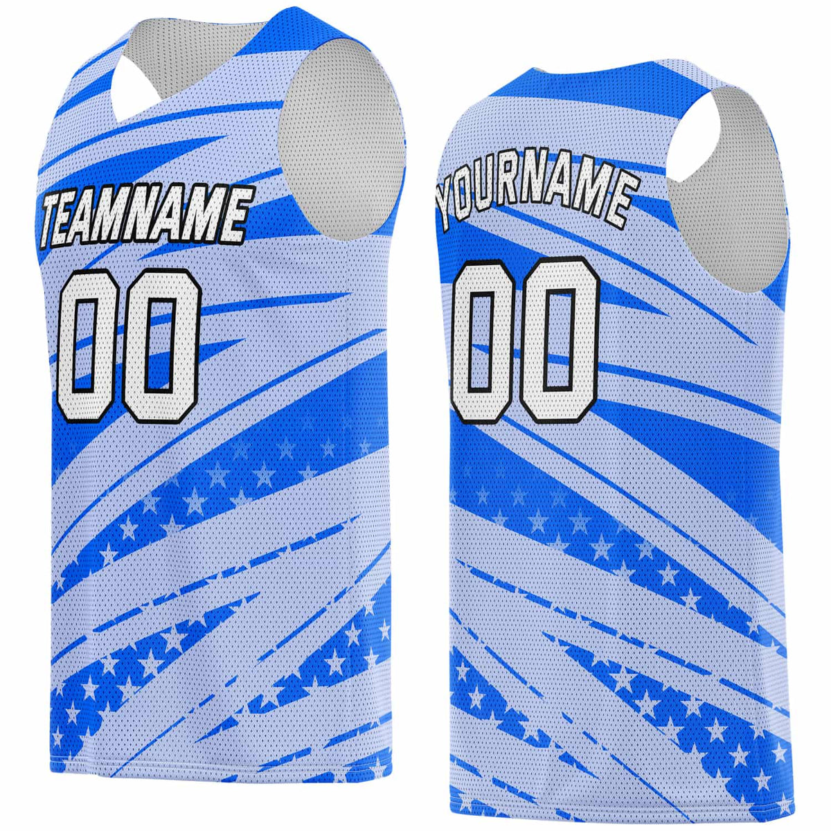 Custom Multi-Blue &amp; White Star-Stripe Pattern Basketball Jersey - Personalized Team Name, Number &amp; LOGO | Vosoli