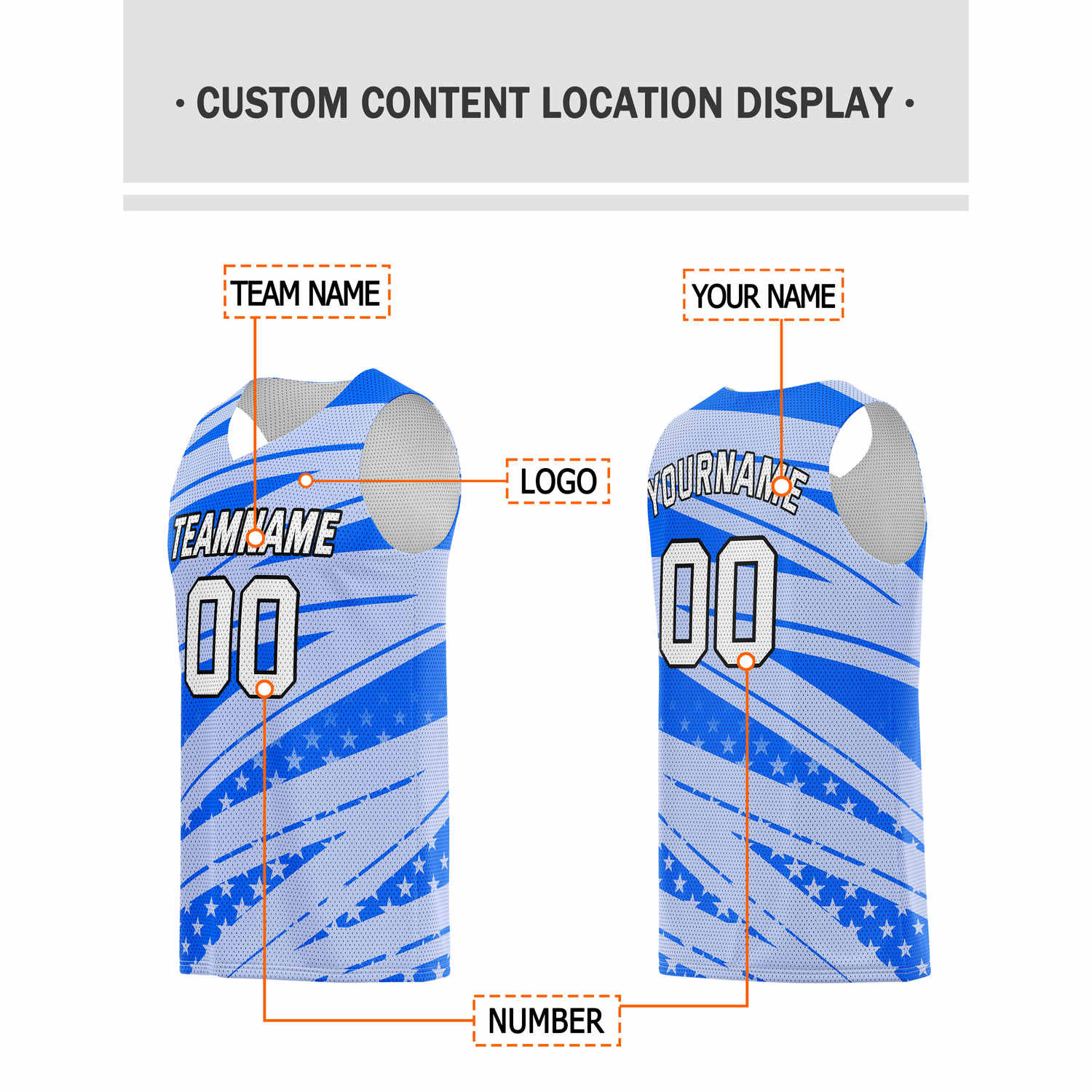Custom Multi-Blue & White Star-Stripe Pattern Basketball Jersey - Personalized Team Name, Number & LOGO | Vosoli