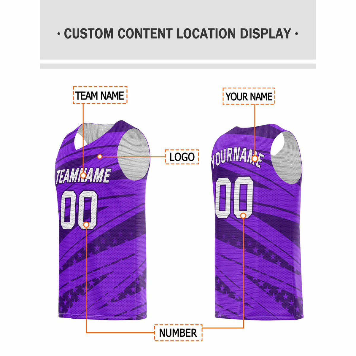 Custom Multi-Tone Purple Star-Stripe Pattern Basketball Jersey - Personalized Team Name, Number & LOGO | Vosoli