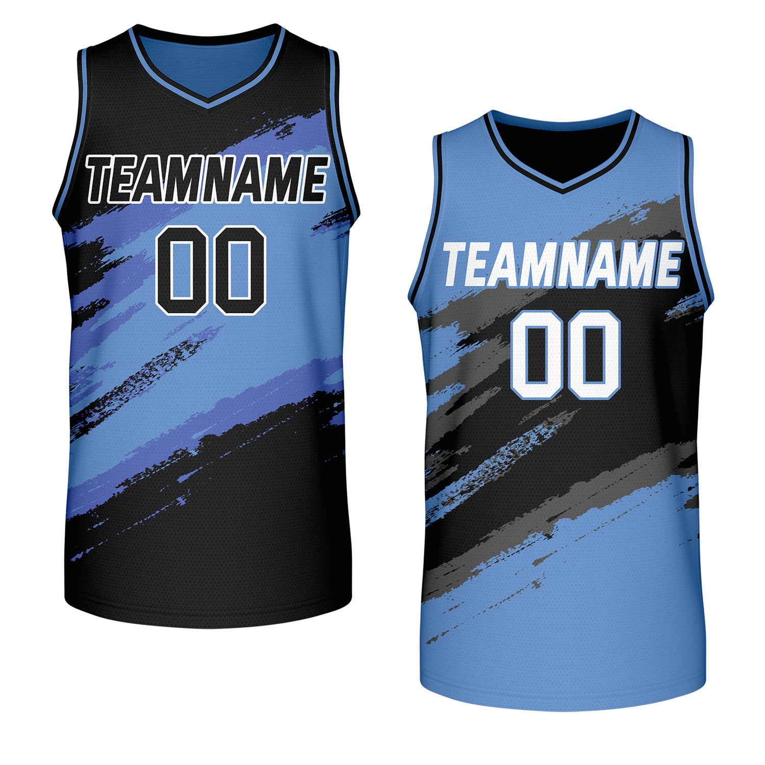 Neighborhood basketball team jerseys black and light blue reversible by Vosoli, personalized team name, number & logo, breathable mesh dual sided basketball jersey for local neighborhood team games