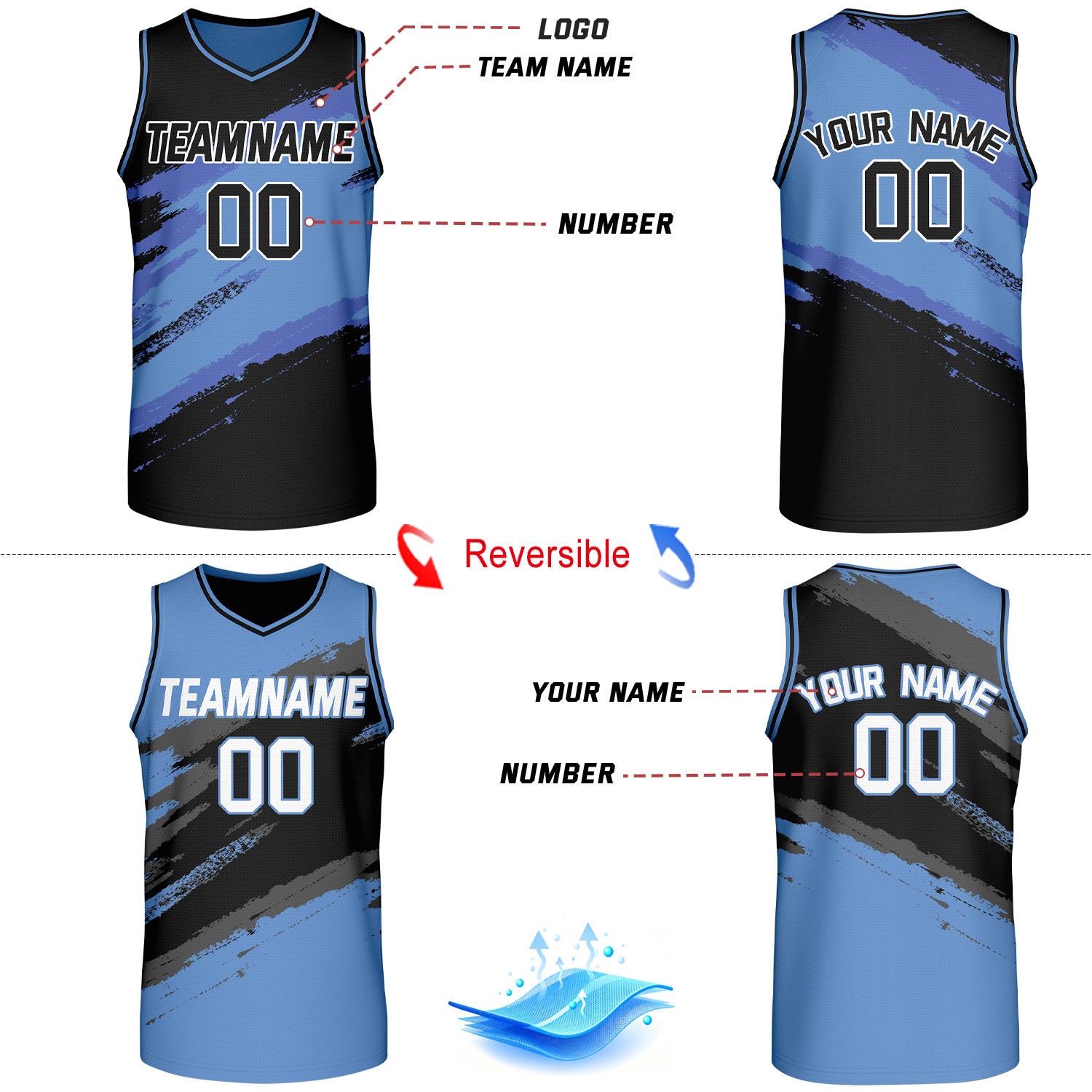 Custom Black & Light Blue Brush Stroke Reversible Basketball Jersey | Adult Youth Jerseys for Large Group Team Orders