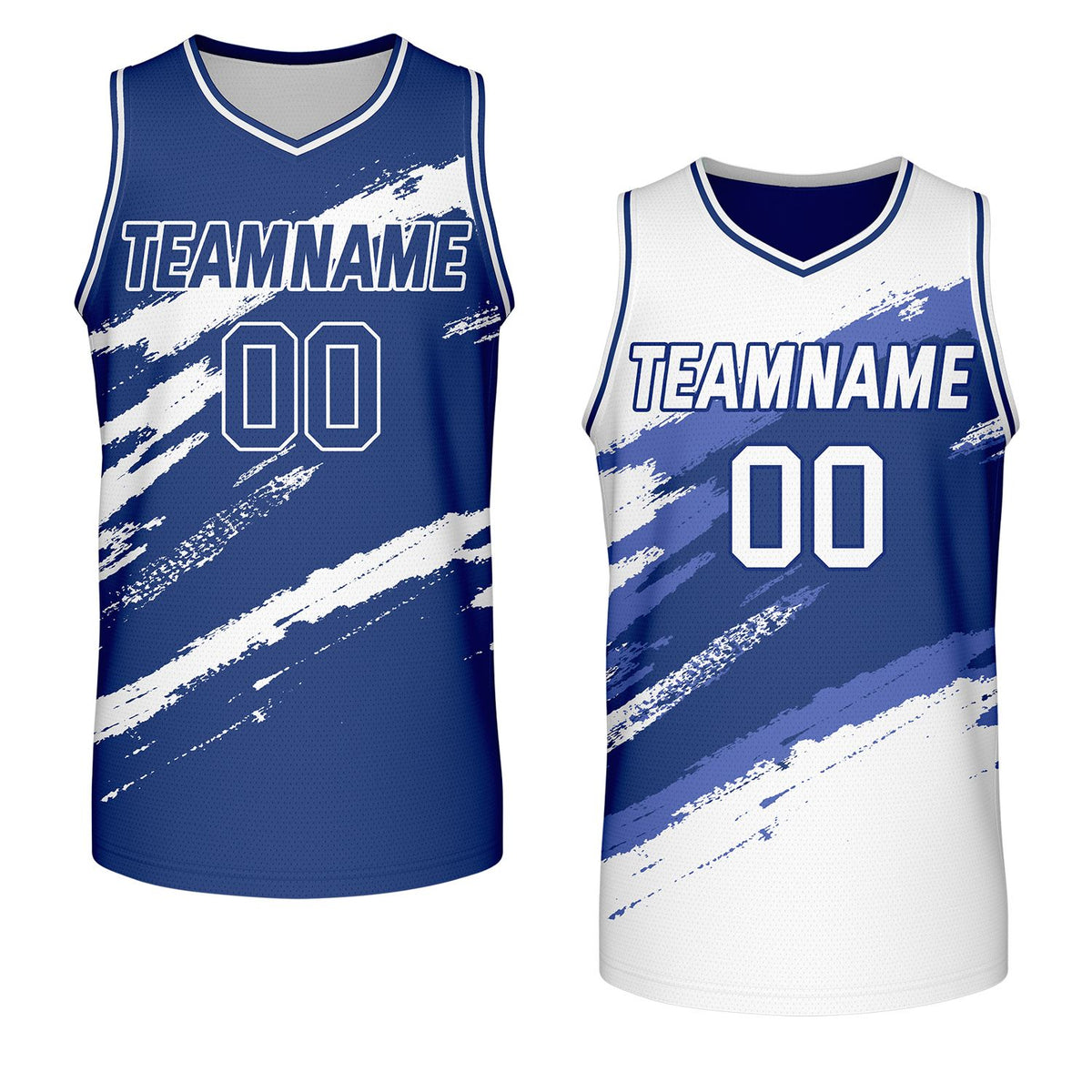 Neighborhood basketball team jerseys navy and white reversible by Vosoli, personalized team name, number & logo, breathable mesh dual sided basketball jersey for local neighborhood team games