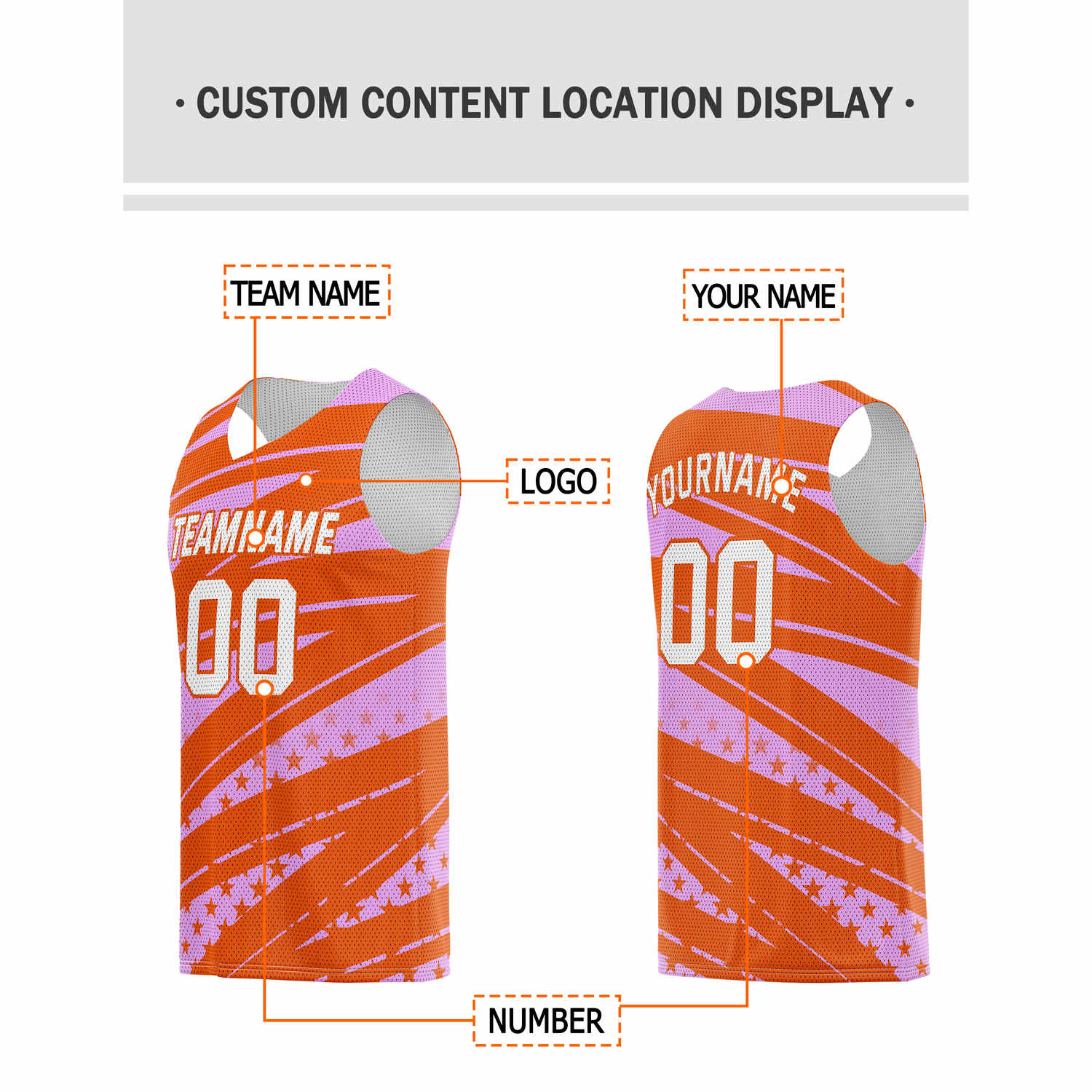 Custom Orange & Pink Star-Stripe Pattern Basketball Jersey - Personalized Team Name, Number & LOGO | Vosoli