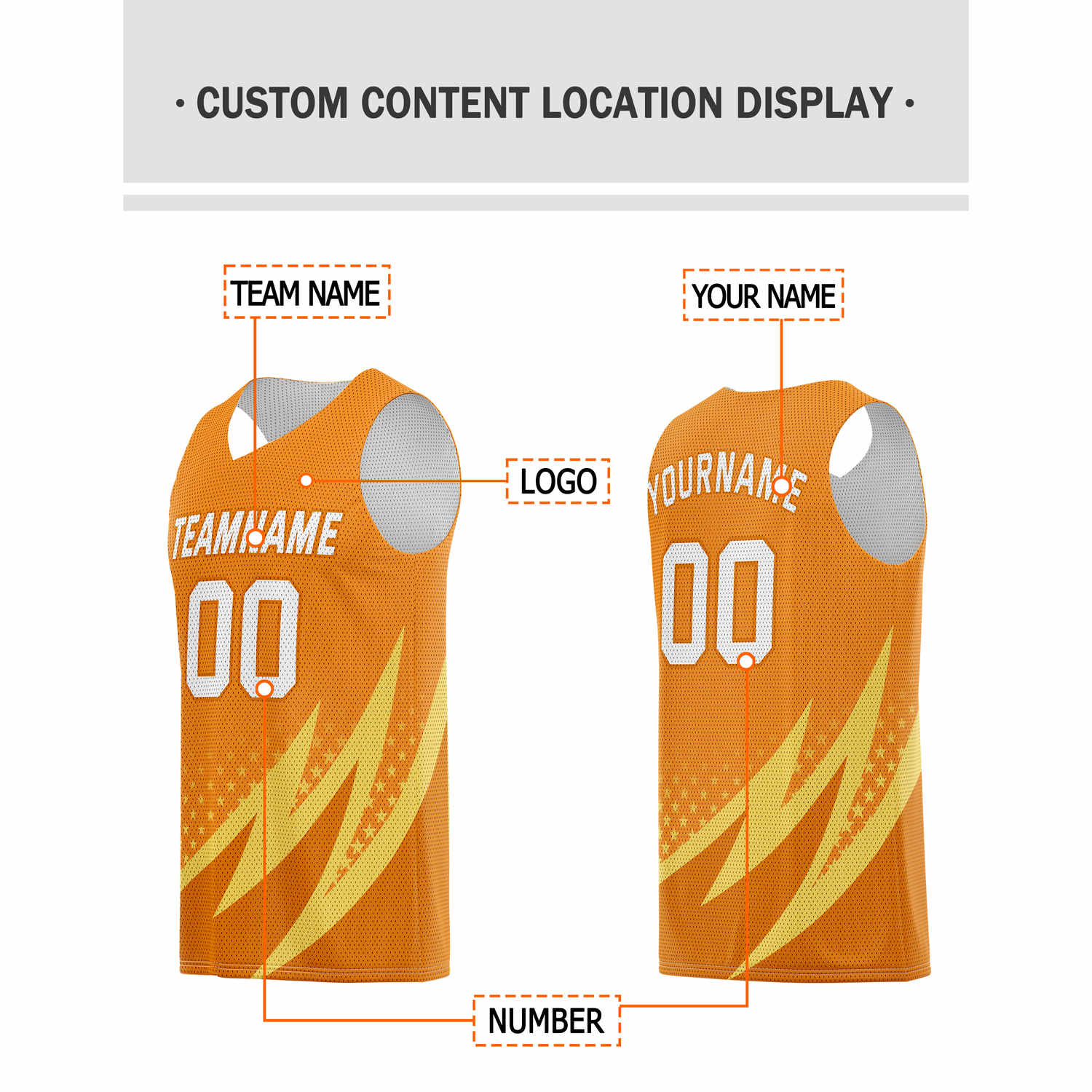 Custom Orange & Yellow Lightning-Star Pattern Basketball Jersey - Personalized Team Name, Number & LOGO | Vosoli