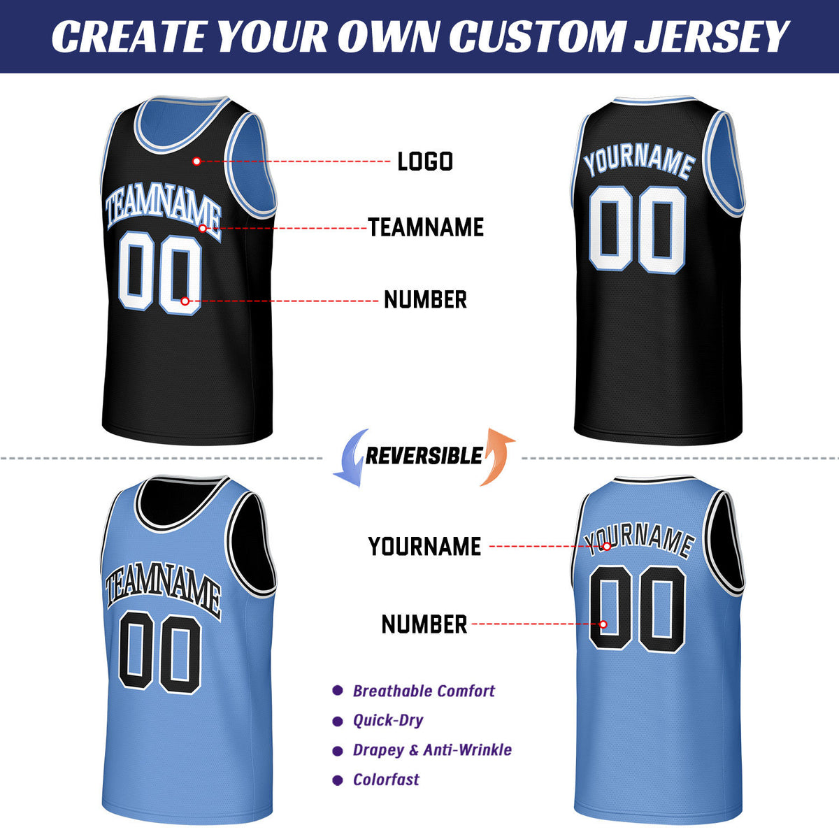 Custom Black & Light Blue Reversible Basketball Jersey | Personalized Sleeveless Mesh Jersey for Men Women Youth