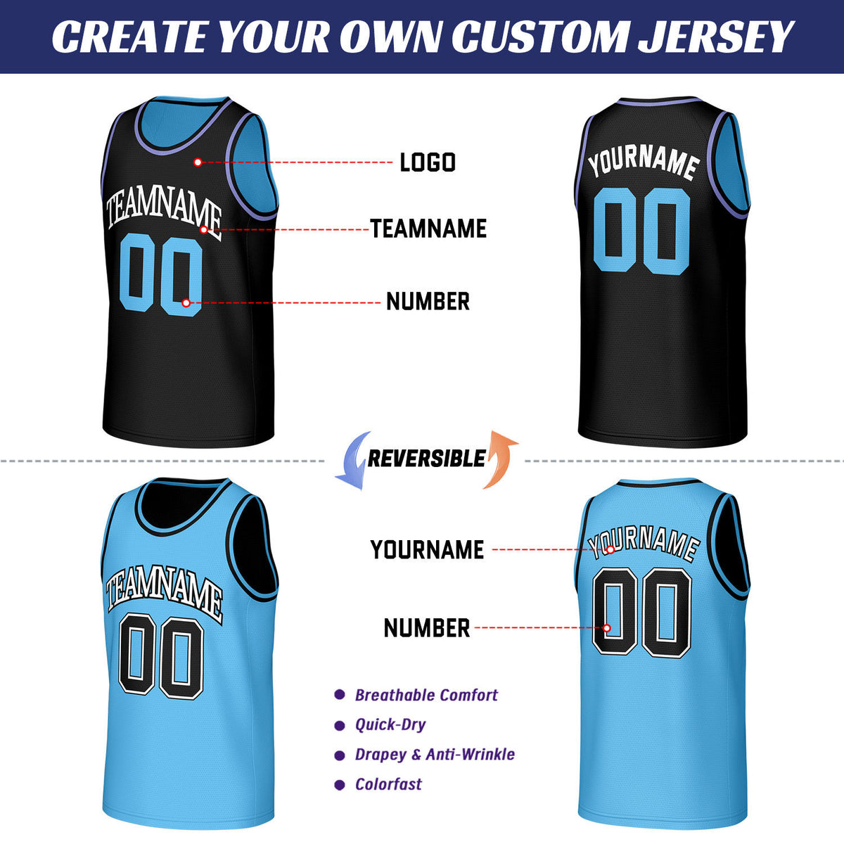 Custom Black & Light Blue Reversible Basketball Jersey | Personalized Sleeveless Mesh Jersey for Men Women Youth