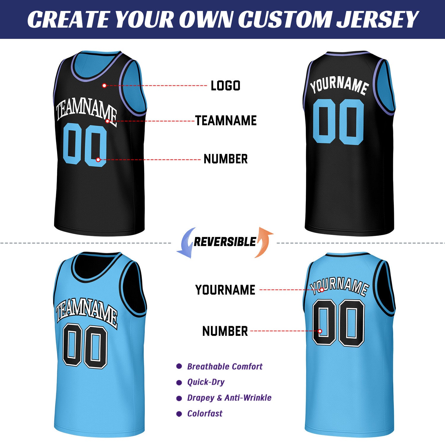 Custom Black & Light Blue Reversible Basketball Jersey | Personalized Sleeveless Mesh Jersey for Men Women Youth