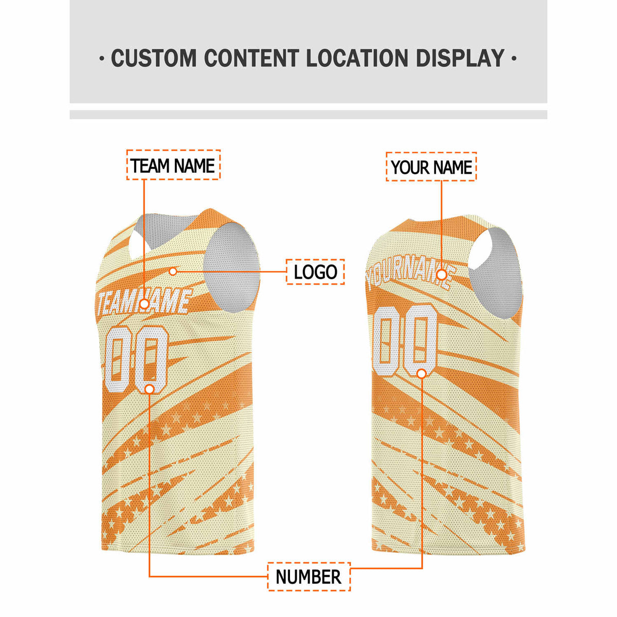 Custom Peach & Orange Star-Stripe Pattern Basketball Jersey - Personalized Team Name, Number & LOGO | Vosoli