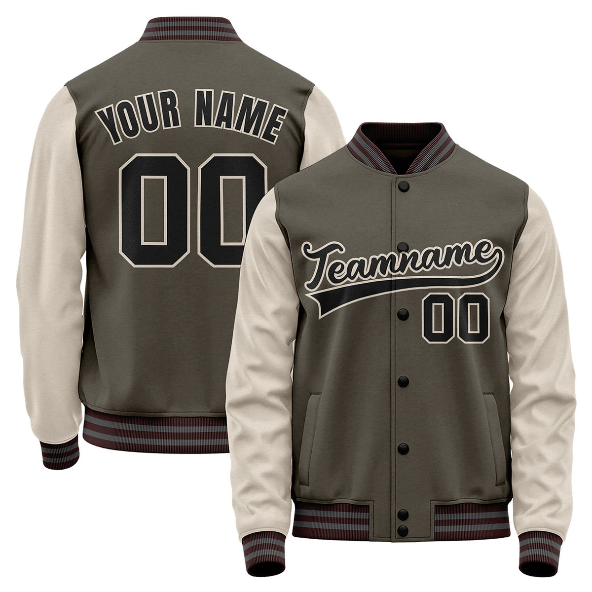 Personalized baseball jackets, olive green and cream varsity bomber jacket, custom team name, player number and printed logo.
