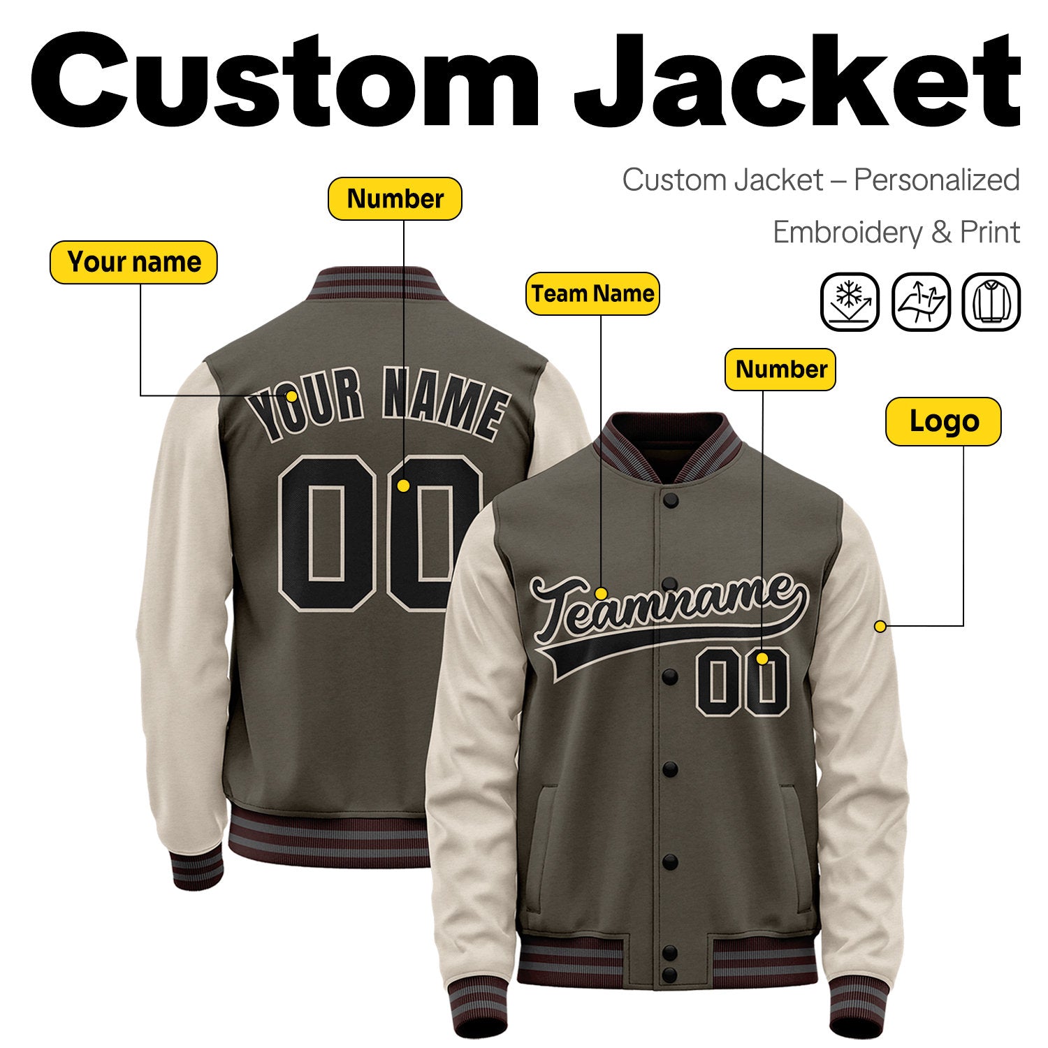 Custom Olive Green & Cream Two-Tone Varsity Jacket | Personalized Baseball Bomber with Name, Number & Logo