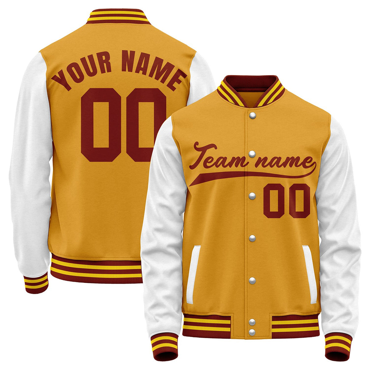 Personalized baseball team jackets, gold and white varsity letterman bomber jacket, custom team name, player number and logo.