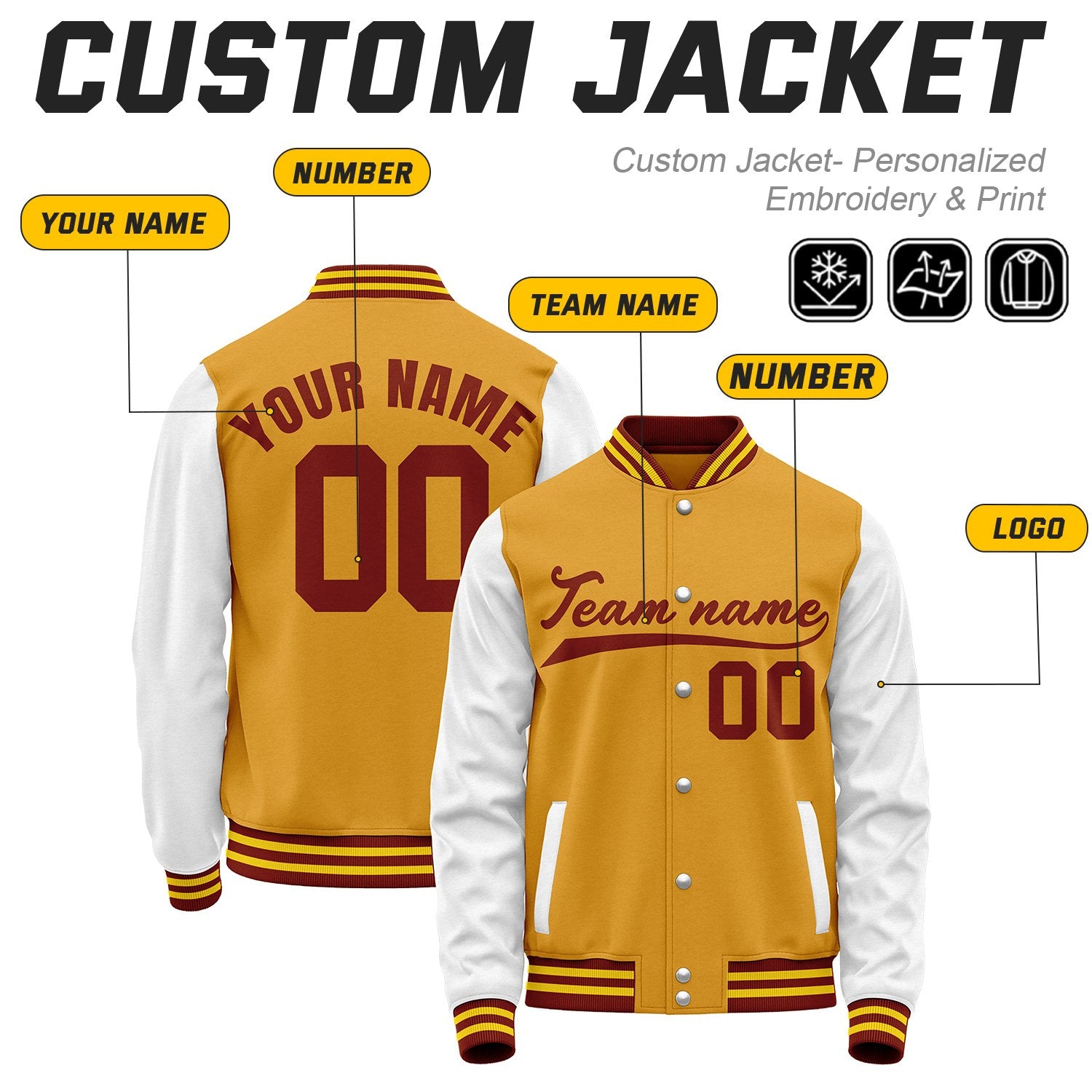 Custom Gold & White Baseball Bomber Jacket | Retro Collegiate Varsity & Letterman