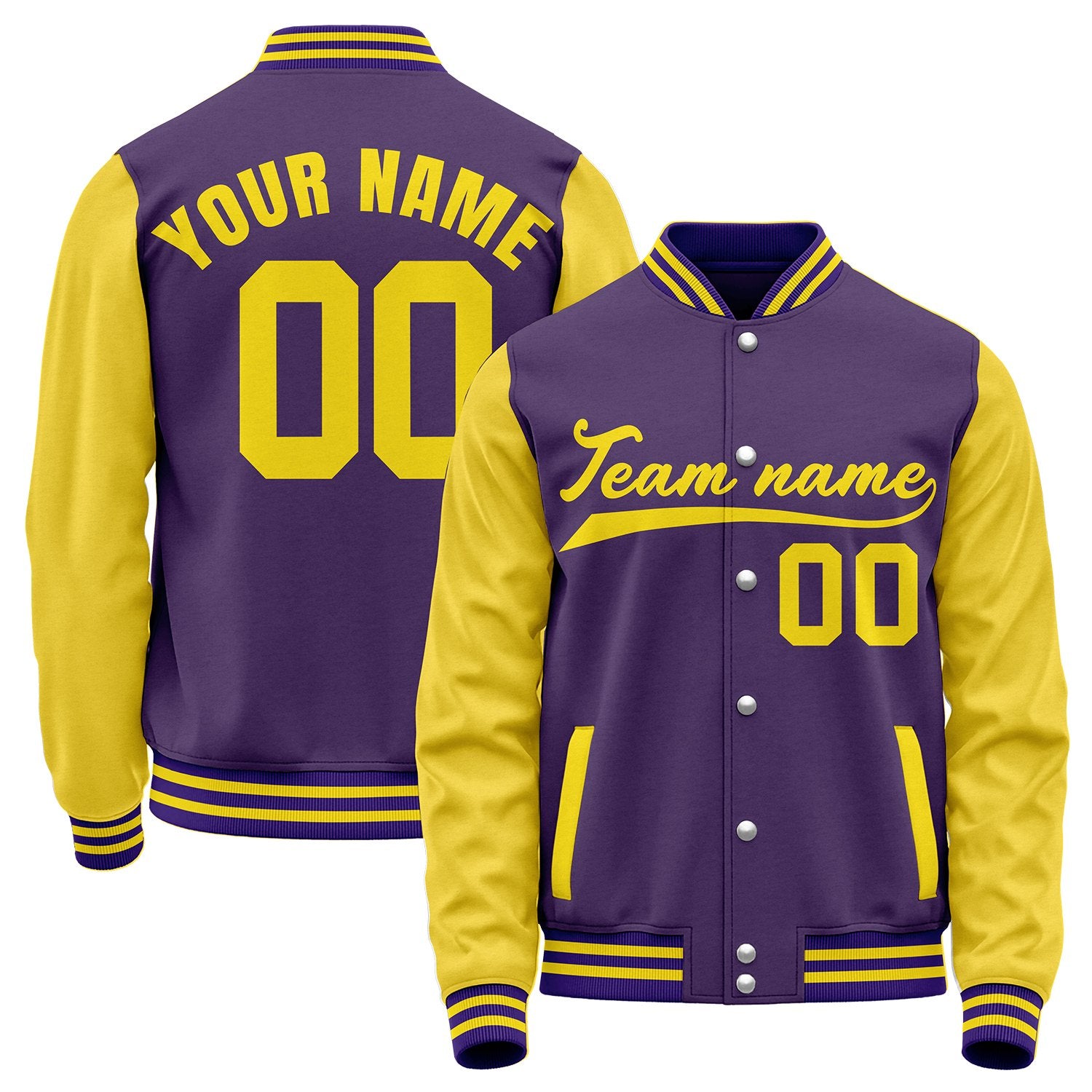 Personalized baseball warm up jacket, purple and gold varsity letterman bomber jacket, custom team name, player number and logo.