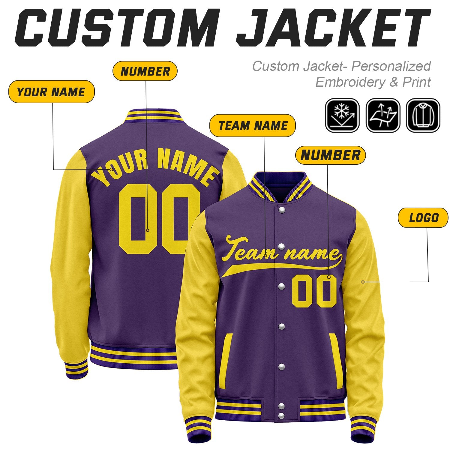 Custom Purple & Gold Baseball Bomber Jacket | Retro Collegiate Varsity & Letterman