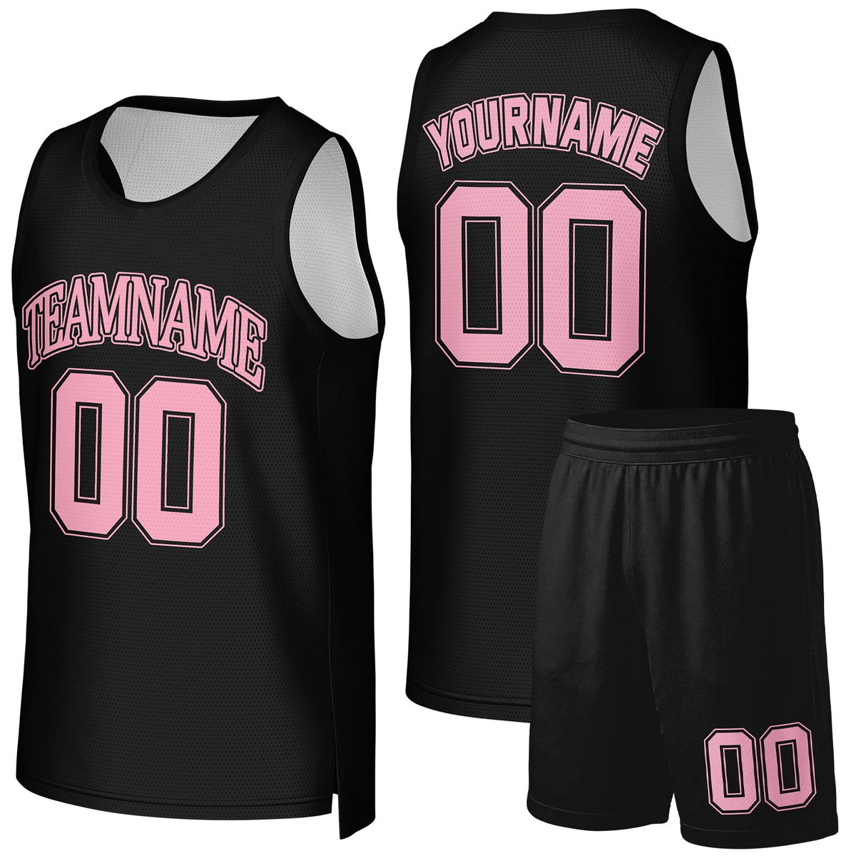 Personalized basketball uniform set black‑pink by Vosoli, personalized team name, number & logo, quick‑dry mesh fabric for custom team game‑ready basketball outfits