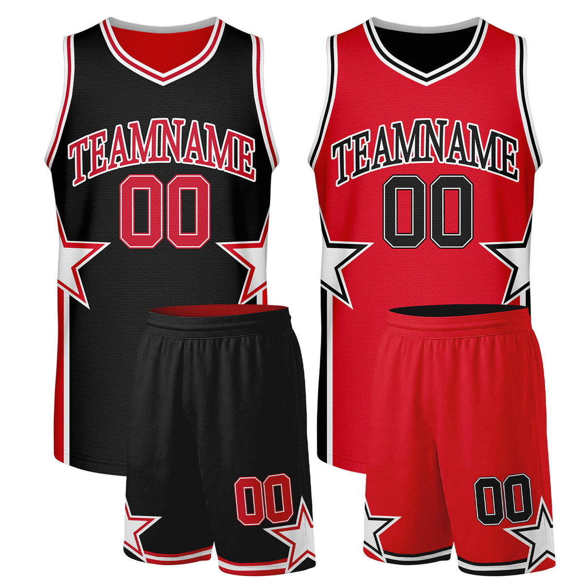 personalized basketball uniform set black red reversible by Vosoli. Personalized team name, player number &amp; logo. Breathable mesh. Fast delivery.