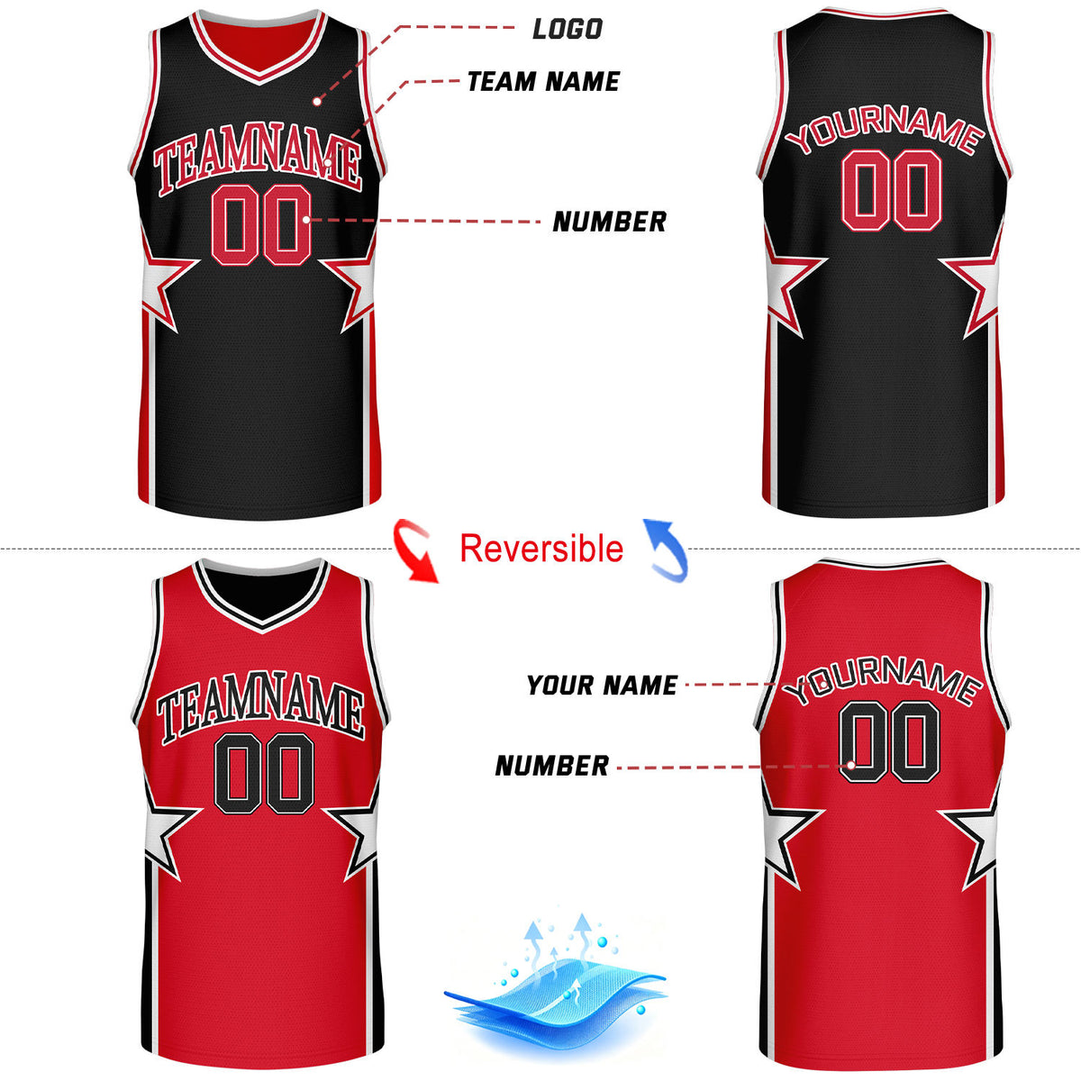 Custom Black & Red Star Graphic Reversible Basketball Uniform Set | Breathable Mesh Jersey & Shorts for Team Sports