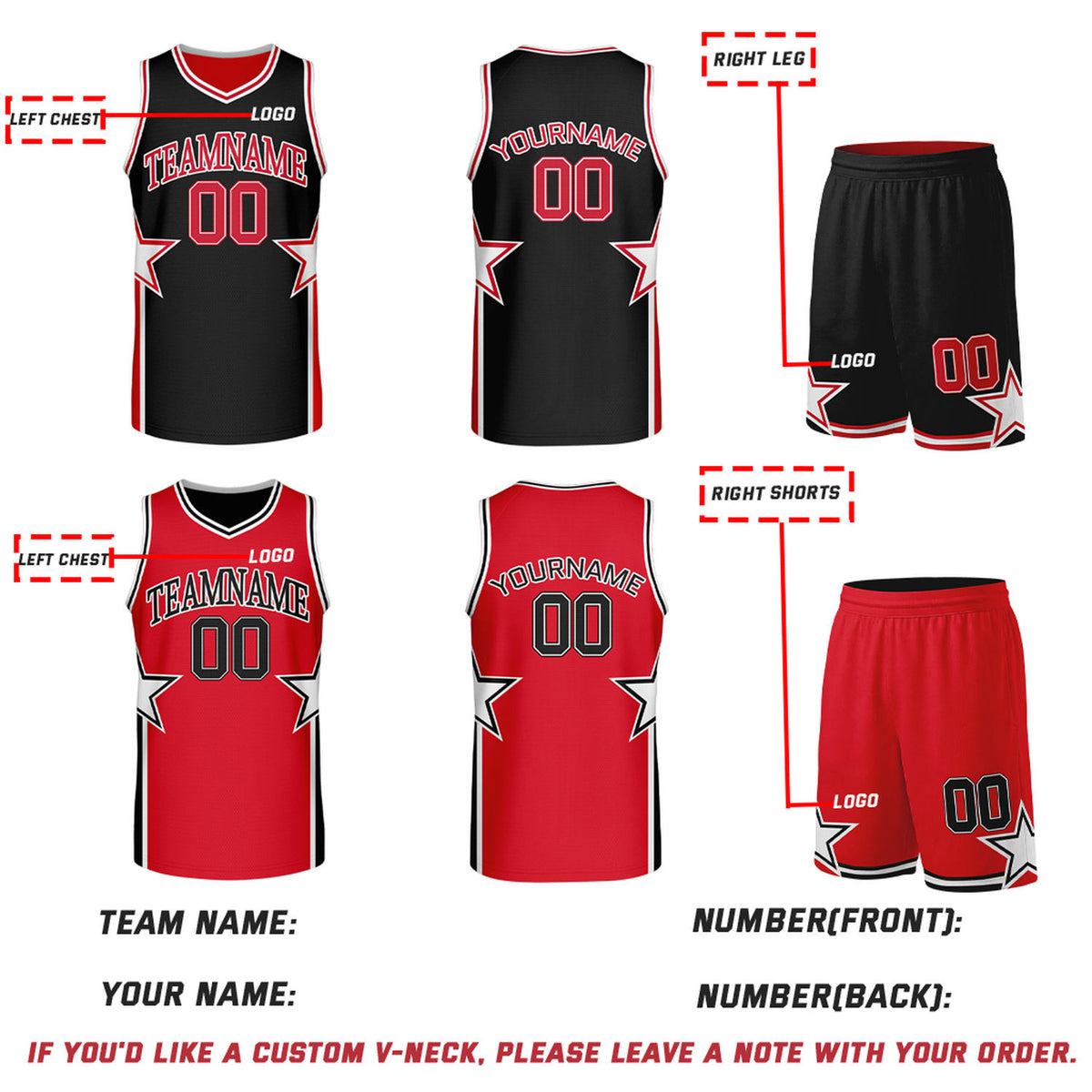 Custom Black & Red Star Graphic Reversible Basketball Uniform Set | Breathable Mesh Jersey & Shorts for Team Sports